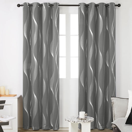 Deconovo Blackout Curtains for Living Room 52 x 84 Inch, Eyelet Curtains Thermal Insulated Silver Wave Line Foil Printed Curtains, Light Grey, 2 Panels W52 x L84