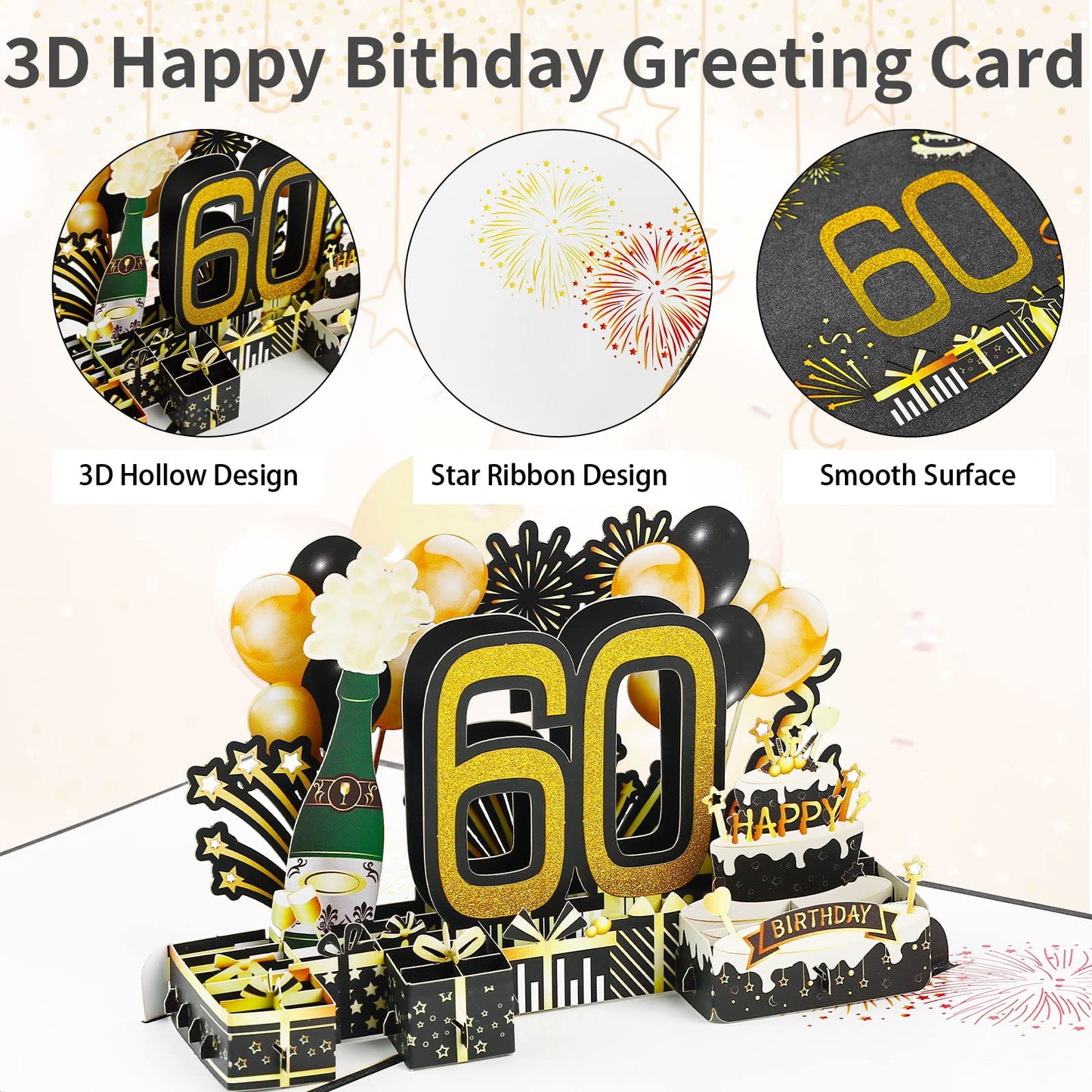 Joyoldelf 60th Birthday Cards for Men, 3D Pop up Birthday Cards for Women, Greeting Birthday Cards Mum with Envelope for Women Mothers Men Friends Romance Gift Card 60