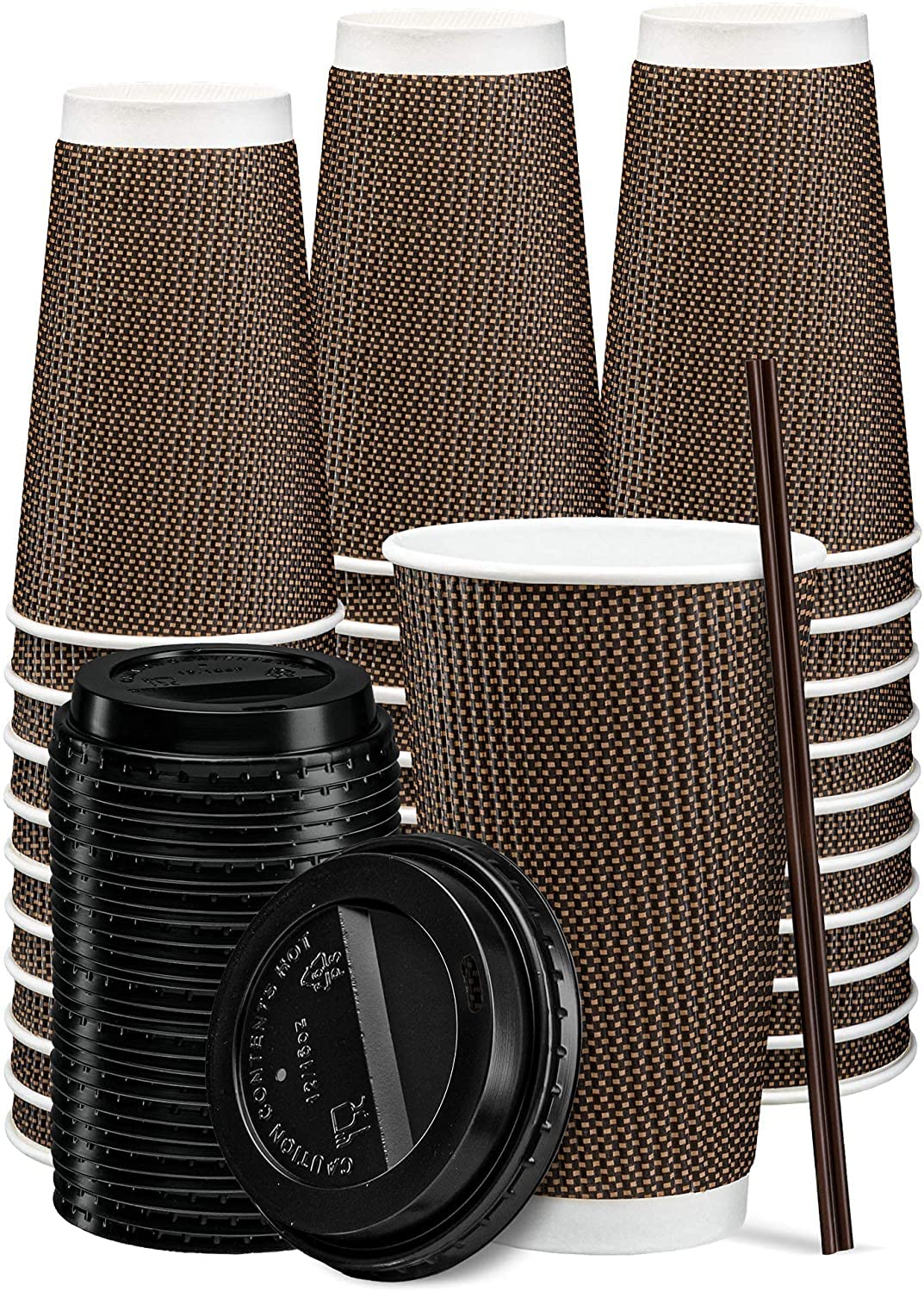 [50 Sets - 16 oz. - 475 ml] Insulated Brown Patterned Ripple Paper Hot Coffee Cups With Lids 16 Ounce