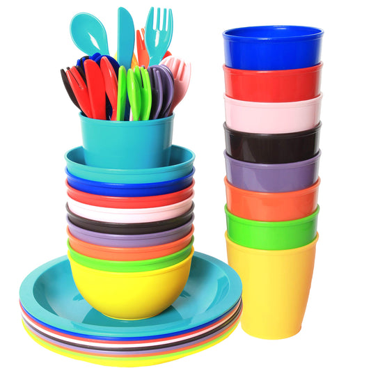 Youngever 54 pcs Plastic Kids Tableware, Re-usable Toddler Dinnerware Set, Dining Set, Cups, Kids Plates, Kids Bowls, Flatware Set, Kids Dishes Set (Rainbow) Rainbow