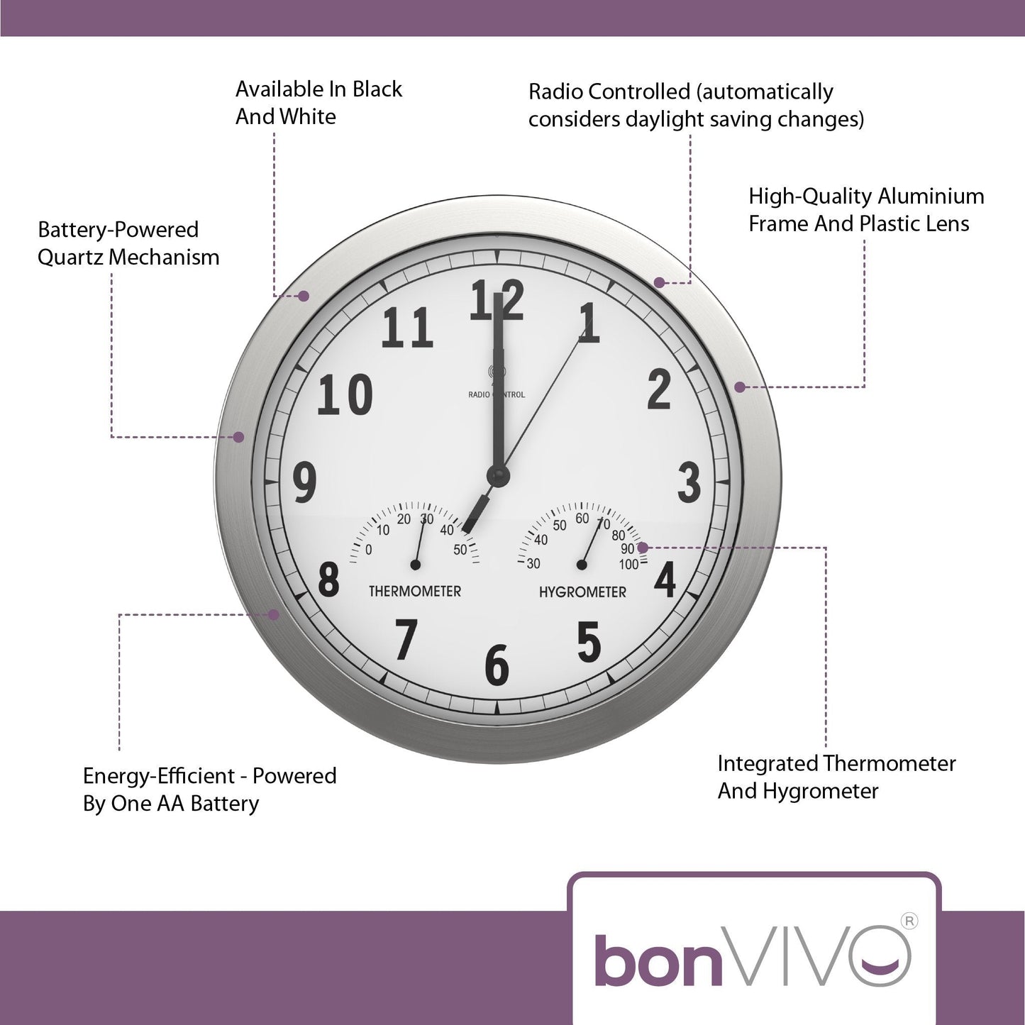 bonVIVO Timerider Highly Accurate Radio Controlled Wall Clock, Aluminium Wall Clock For Living Room, Kitchen & Office, Built-In Thermometer & Hygrometer, Silent Wall Clock, Diameter: 12 Inch (30.5 cm) White