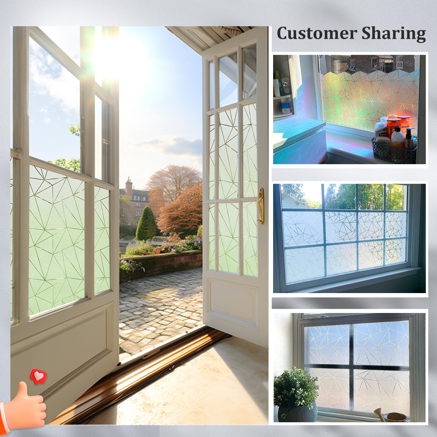 Beautysaid Window Film Privacy: Frosted Privacy Film for Glass Windows Heat Insulation Self Adhesive Opaque Frosting Film Anti UV Winter Patterned Stickers Vinyl Static Cling Home Cover, 44 * 200cm 44.5*200cm White Frosted Triangle