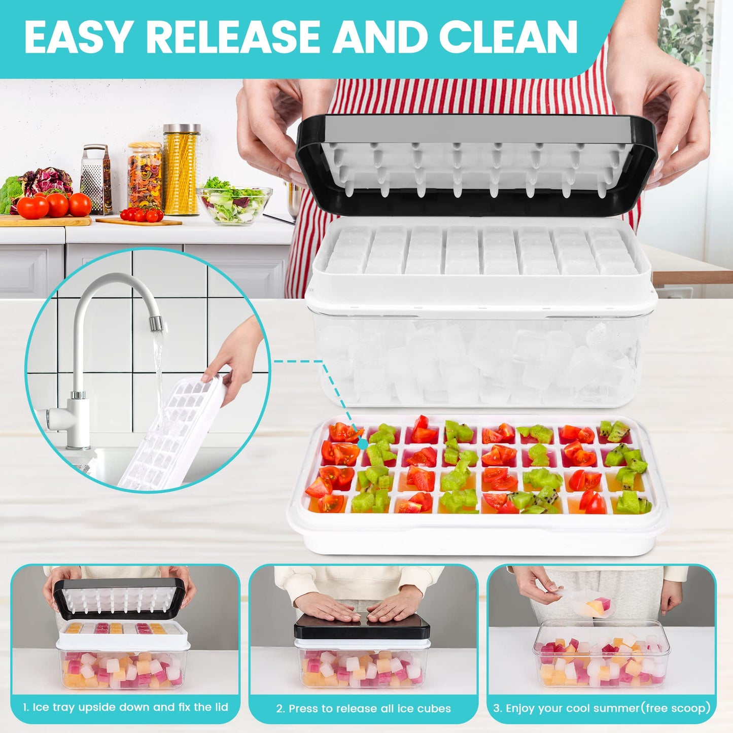 Ice Trays for Freezer with Lid & Bin, Ice Cube Tray Making 64 pcs Ice Cubes, Easy Press to Release Ice, Ice Tray with Storage Bin Chilling Cocktail Whiskey Coffee 2 Trays 1 Ice Bucket & Scoop (Black) Black