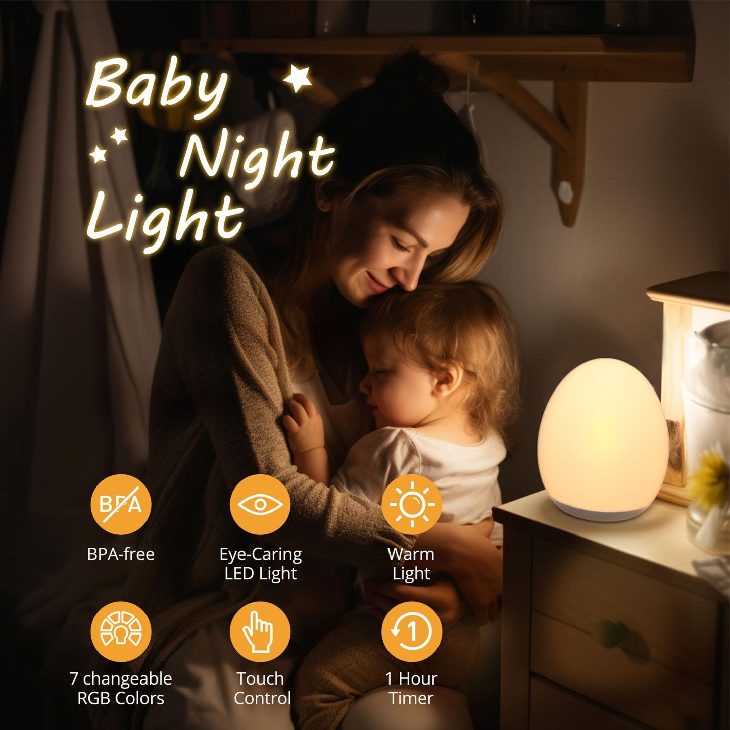 JolyWell Night Light for Kids, Baby Night Light with 7 Colors Changing Mode & Stepless Dimming, Nursery Night Light BPA Free,Rechargeable Egg Night Light for Breastfeeding 1h Timer Red