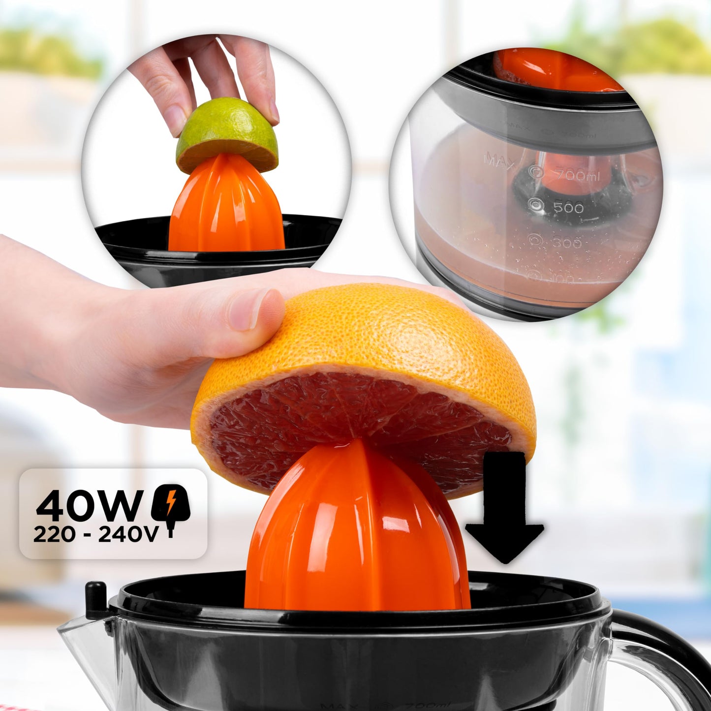 Duronic Electric Citrus Juicer JE407 40W 700ml Capacity | 2 Interchangeable Cones and Adjustable Pulp Filter Ideal for Fresh Citrus Juice Oranges Lemons Lime Squeezer Juice Machine JE407 40 Watt