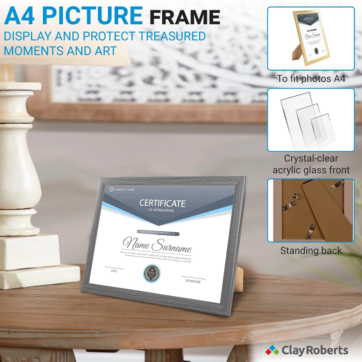 Clay Roberts A4 Frame, Photo Frame, Black A4, Picture Frame, Certificate Frame, Art Print Poster Frame, Freestanding and Wall Mountable, 21cm x 29.7cm Picture Frames Black 1 Pack