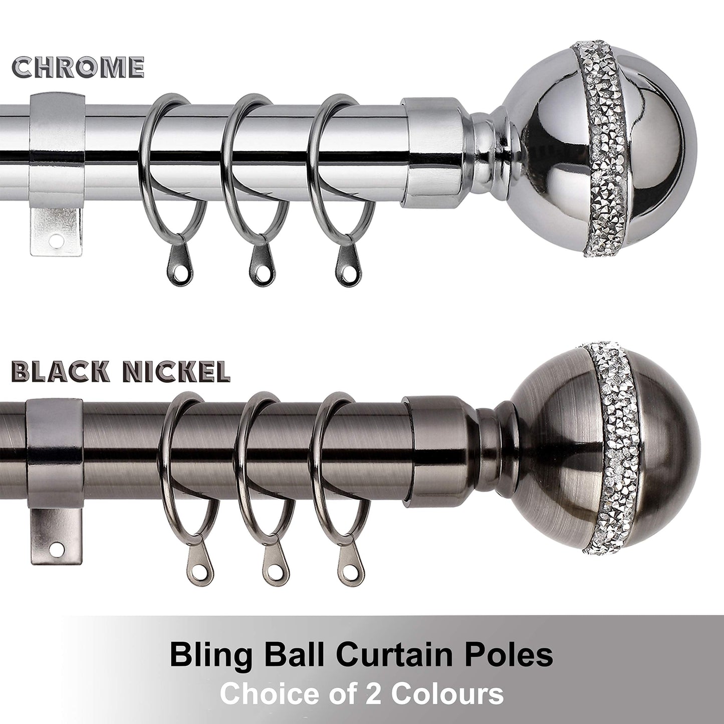 Bling Ball Extendable Curtain Pole. Includes Pair Of Superior 60mm Size Finials, Rings, Brackets & Fittings Set. (Chrome, 160cm - 300cm, 63 Inch to 118 Inch) Chrome