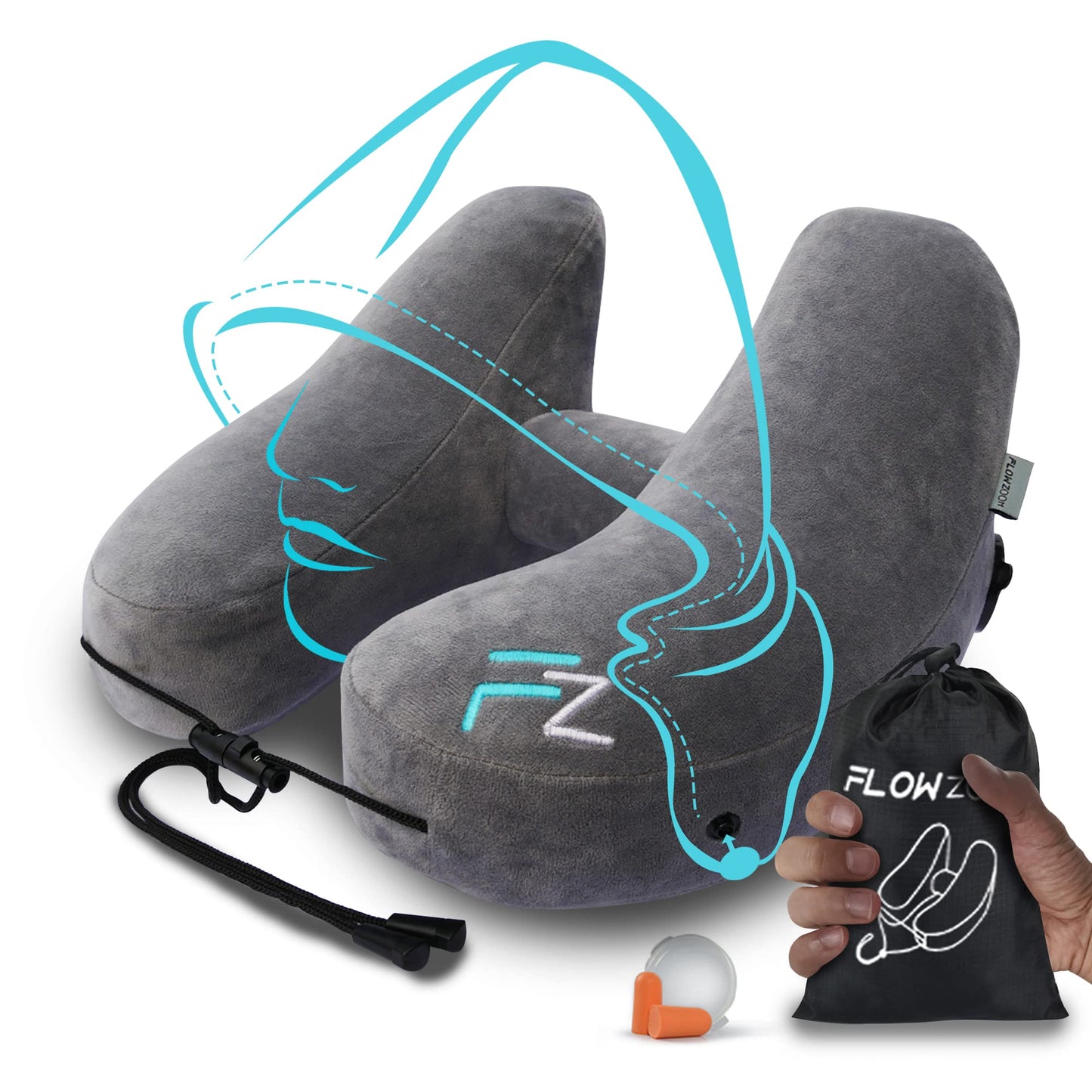 FLOWZOOM AIR Inflatable Travel Pillow for Airplane - Hooded Neck Pillow for Travel - Inflatable Travel Neck Pillow - Plane Pillow - Neck Cushion - Flight Pillow - Travel Neck Pillows for Adults – Grey Grey - Size L