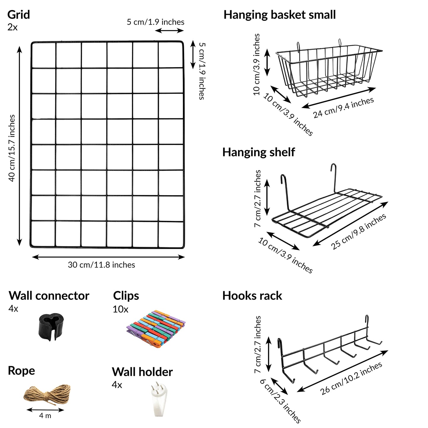 2 Pack Wire Wall Grid Panel With Accessories | Includes Hanging Basket, Shelf & Hook Rack | Complete Set | Wire Notice Board | Hanging Home, Office & Kitchen Décor | Photo Board | Metal & Black 2 Pack