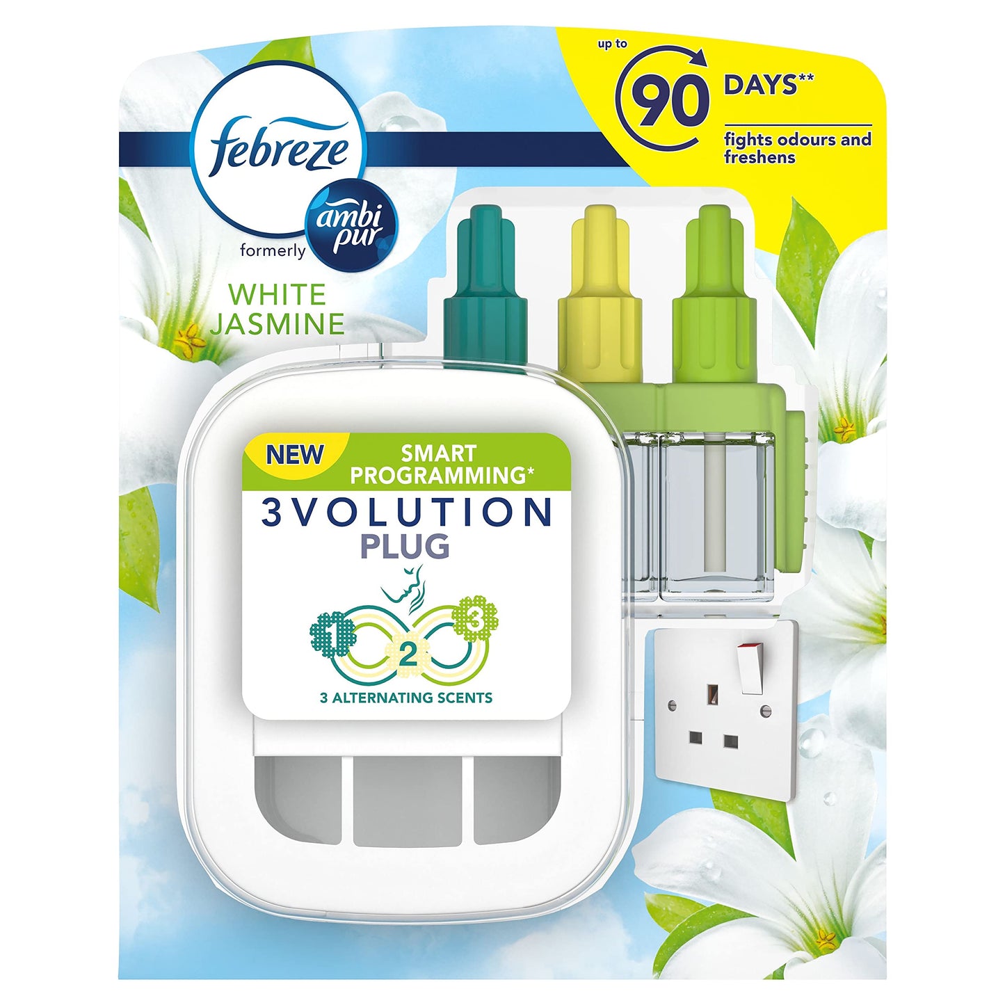 Febreze Ambi Pur 3Volution, Air Freshener Plug-In Starter Kit, 60 ml (20 x 3), Odour Eliminator & Prevention, White Jasmine 3 Piece Set