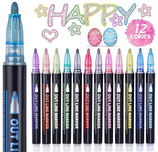 ECtury Glitter Pens Outline Marker Pens, Easter Gifts for Kids, Gifts for Teenage Girls, 12 Colours Double Line Metallic Outline Pens for Scrapbook, Teenage Girls Gifts, Gifts for 4-12 Year Old Girls Silver