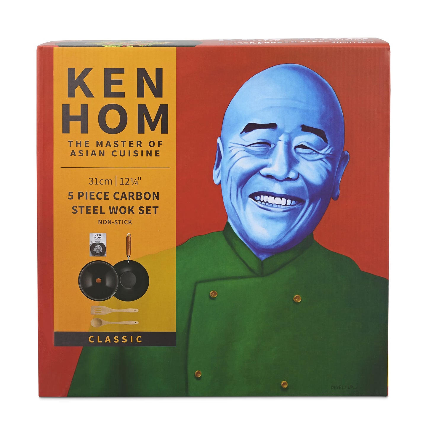 Ken Hom Carbon Steel Wok Set, 31cm, Classic, Non-Induction/Wooden Handle/Flat Base Pan, Includes Wok Pan with Lid, Wooden Wok Utensils and Recipe Book, KH331051 Classic Wok Set