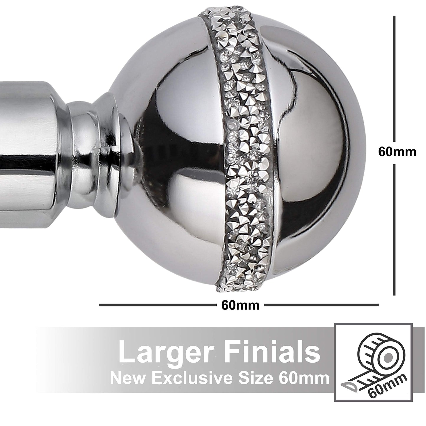 Bling Ball Extendable Curtain Pole. Includes Pair Of Superior 60mm Size Finials, Rings, Brackets & Fittings Set. (Chrome, 160cm - 300cm, 63 Inch to 118 Inch) Chrome