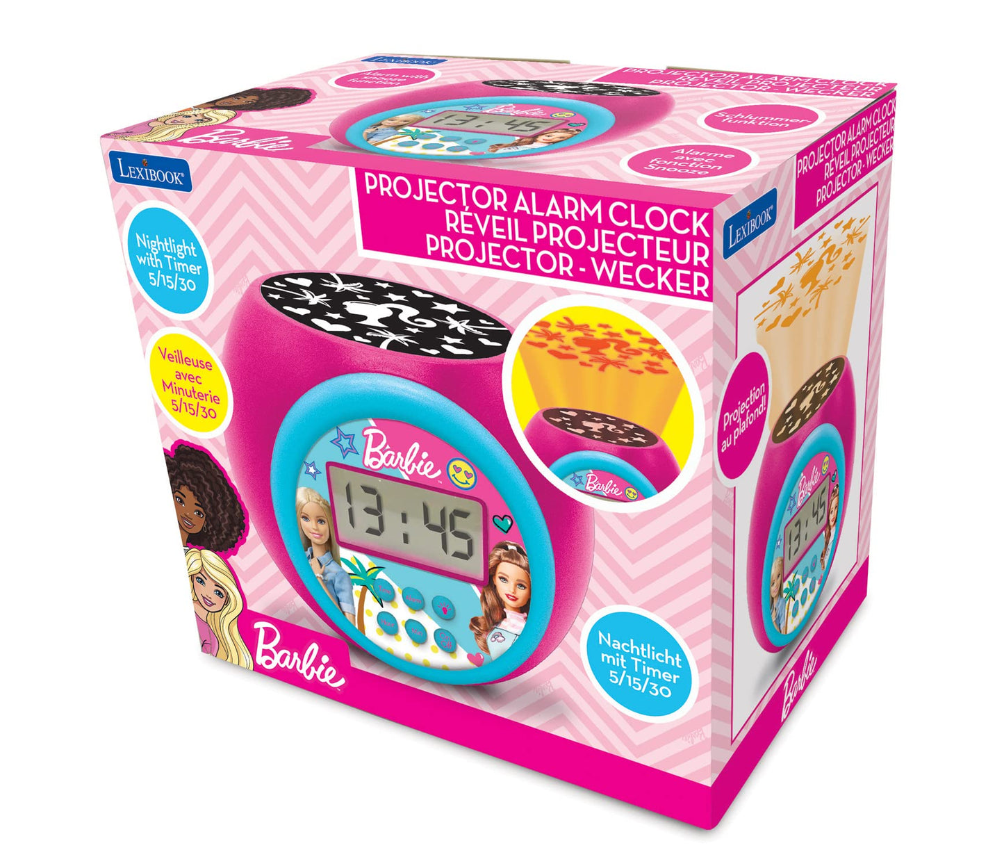 LEXIBOOK Projector Clock Barbie with Snooze Alarm Function, Night Light with Timer, LCD Screen, Battery Operated, Pink