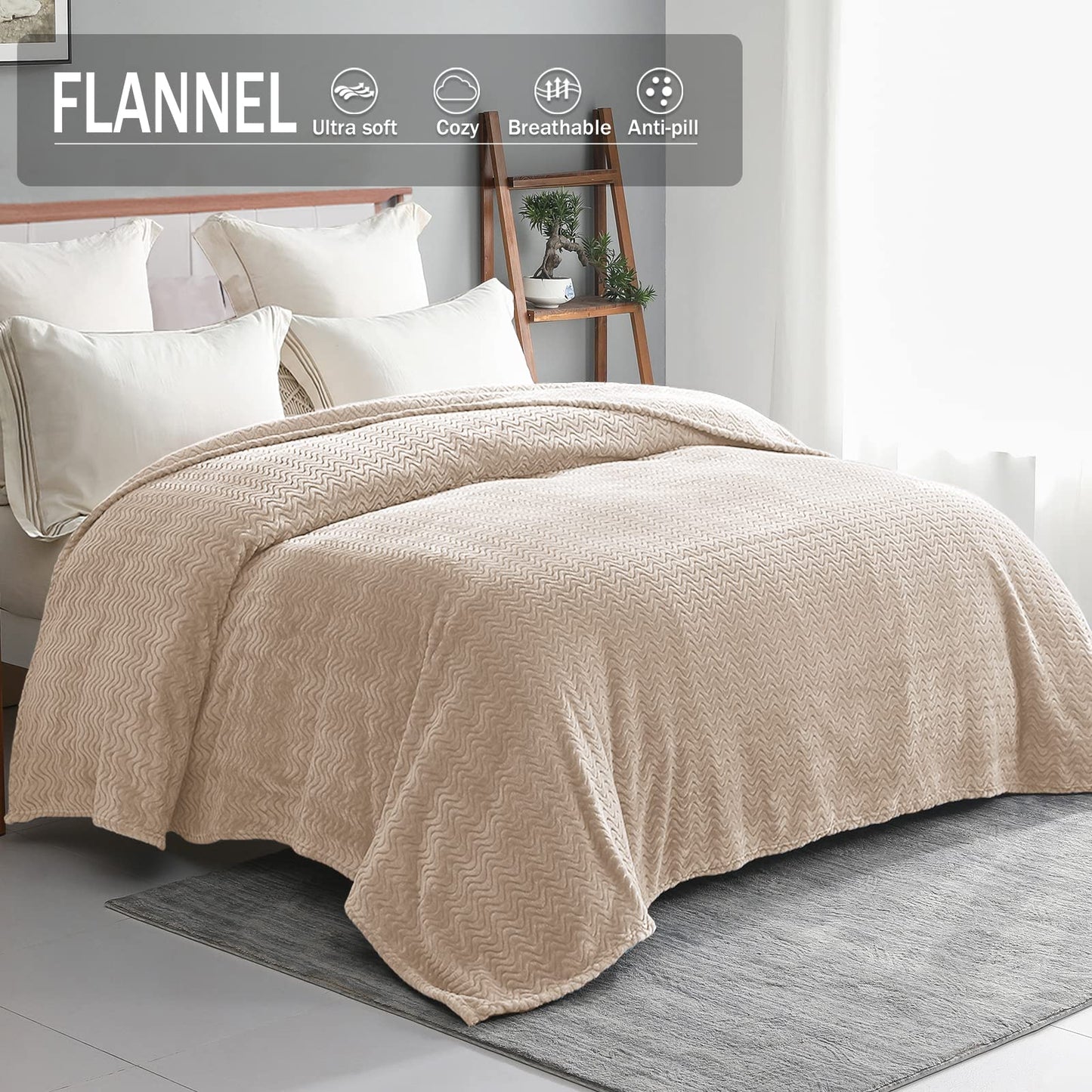 Exclusivo Mezcla King Size Flannel Fleece Blanket, 230x265 CM Bed Blankets, Soft Jacquard Weave Wave Pattern Velvet Plush Blanket for Bed, Camel Blanket King (230x265 CM)