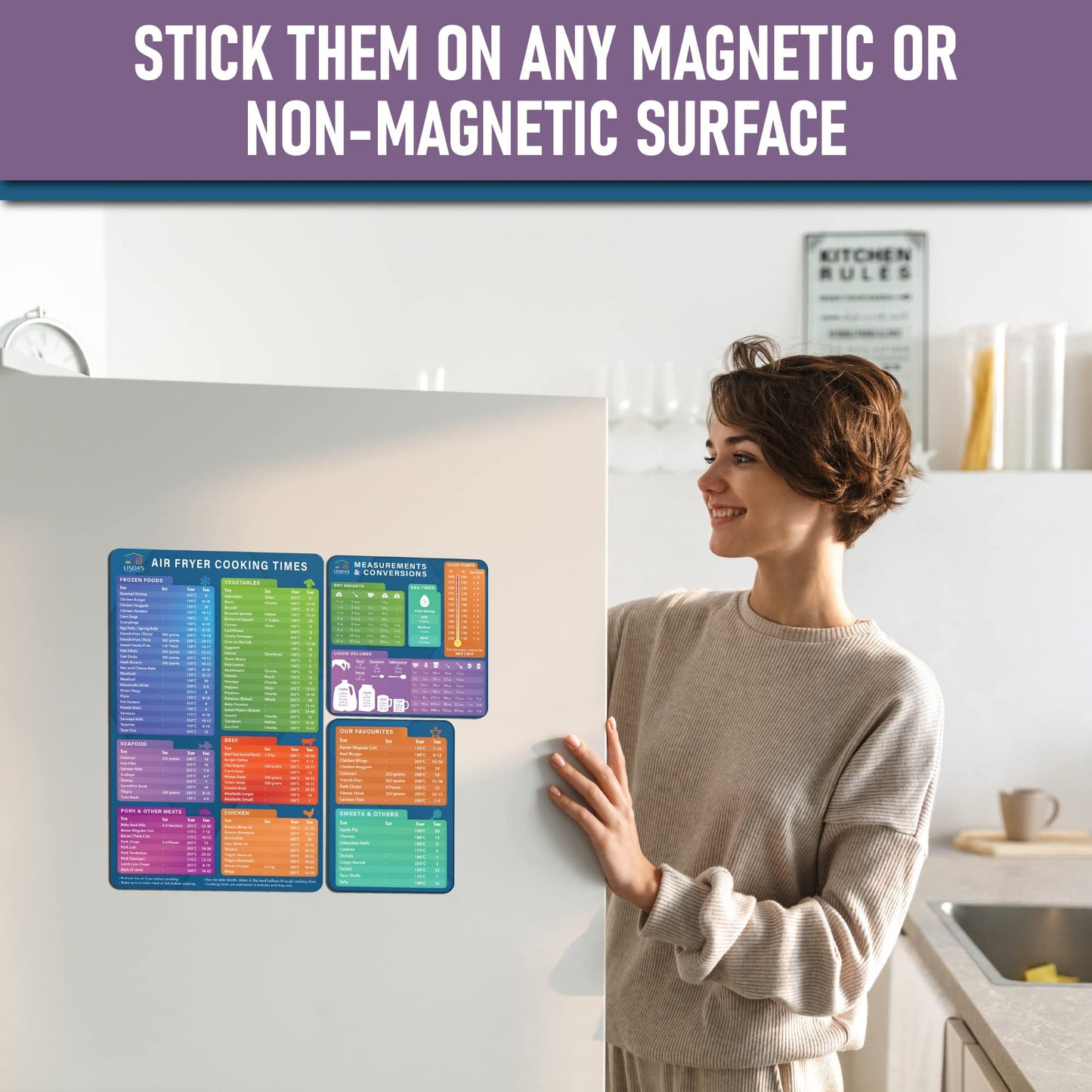 Air Fryer Accessories Magnetic Cheat Sheet Set by Linda’s Essentials - Air Fryer Cooking Times Chart Magnet, Quick Reference Guide For Cooking and Frying, Cooking Times Chart & Kitchen Conversions