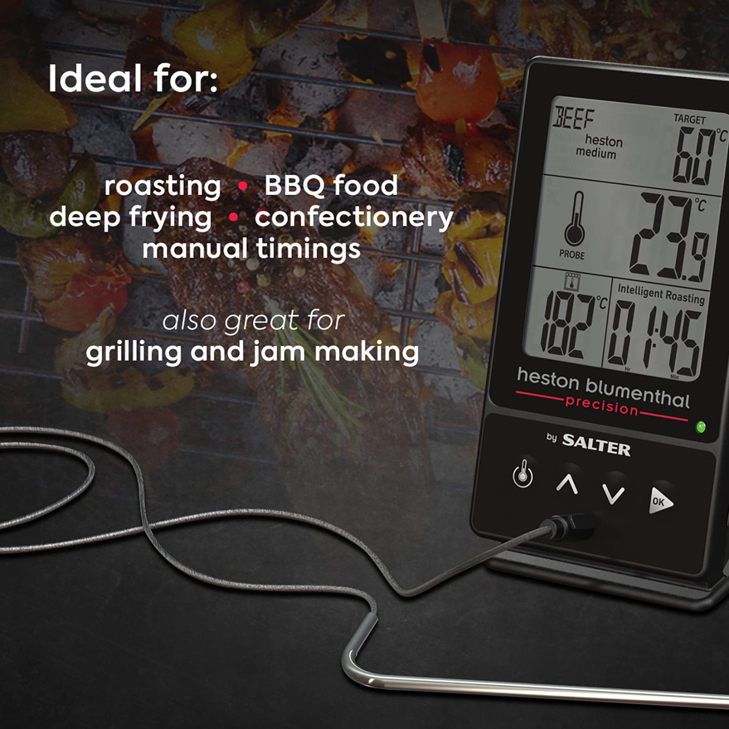 Heston Blumenthal Precision by Salter 540A HBBKCR Premium 5-in-1 Digital Thermometer - Air Fryer Probe, BBQ, Roasting, Deep Frying, Grilling, Dual Sensors Food/Oven Temp,Programmed, 0.1°C Accuracy 5-in-1 Thermometer Single