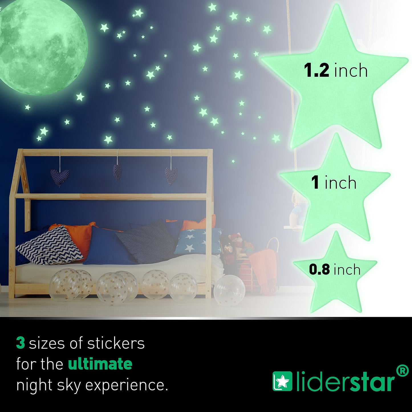 LIDERSTAR Glow in The Dark Stars and Moon for Ceiling, Luminous Stars and Moon Wall Decal, for Child's Rooms Wall Decor,Sticky Fluorescence Stars,Gift for boy and Girl Include Affirmation Card Green