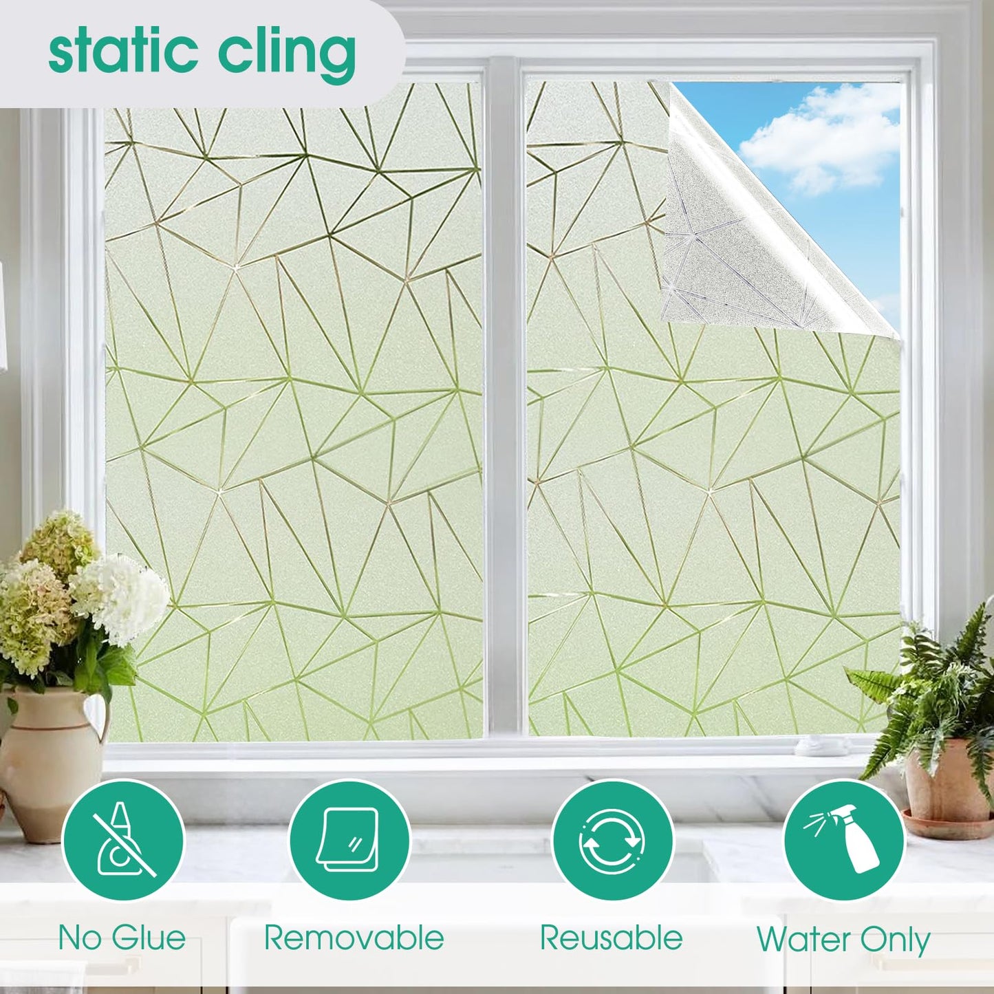 Beautysaid Window Film Privacy: Frosted Privacy Film for Glass Windows Heat Insulation Self Adhesive Opaque Frosting Film Anti UV Winter Patterned Stickers Vinyl Static Cling Home Cover, 44 * 200cm 44.5*200cm White Frosted Triangle