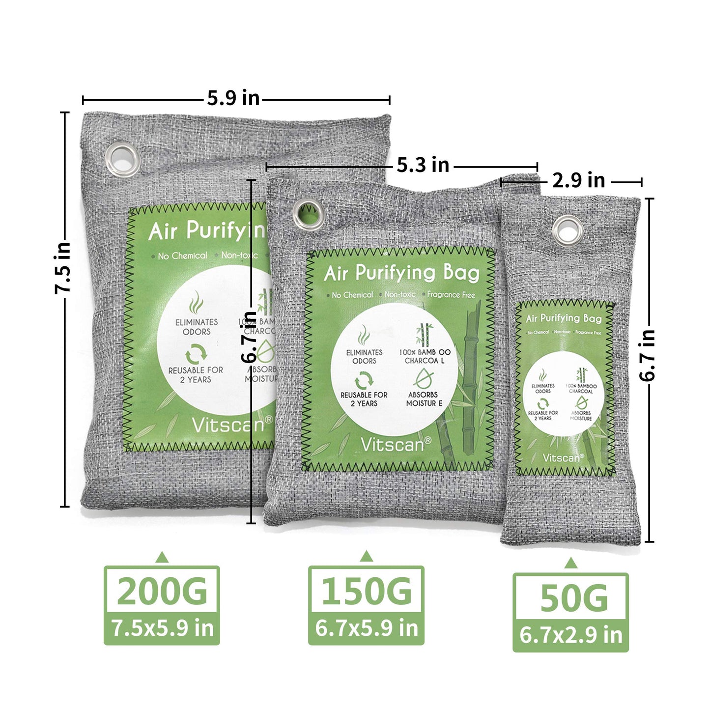 12 Pack Bamboo Air Purifying Bag, Activated Charcoal Bags Odor Absorber, Moisture Absorber, Natural Car Air Freshener, Shoe Deodorizer, Odor Eliminators For Home, Pet, Closet (6x50g, 6x150g) 1.20 kg (Pack of 1)