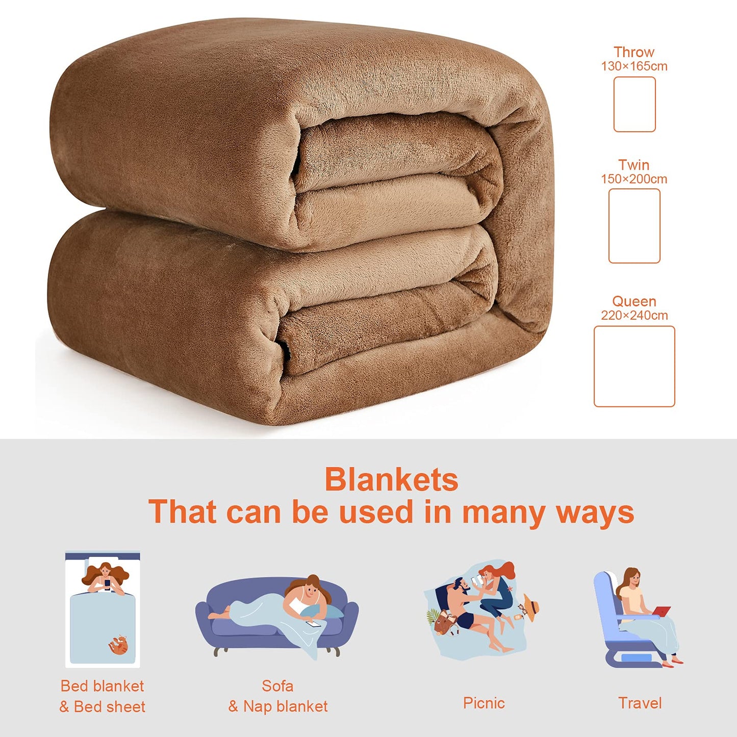 EHEYCIGA Fleece Blanket Extra Large Throws for Settees Fluffy Warm Soft Blanket for Bed Settees Armchairs, Fit All Season, Camel, 270x230cm King