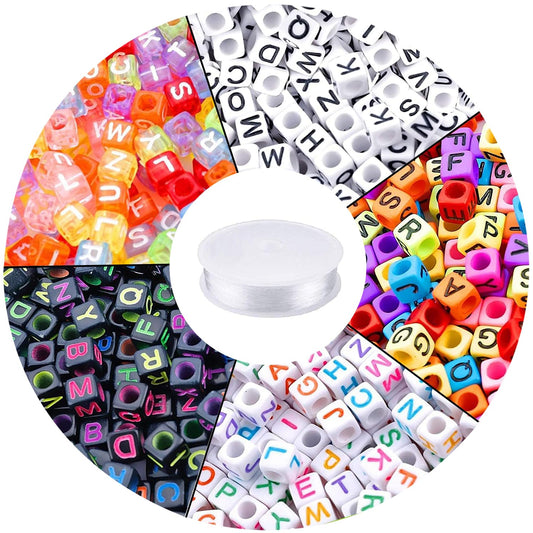 1400pcs 5 Color Acrylic Alphabet Cube Beads Letter Beads with 1 Roll 50M Crystal String Cord for Jewelry Making (5colors A) 5colors A