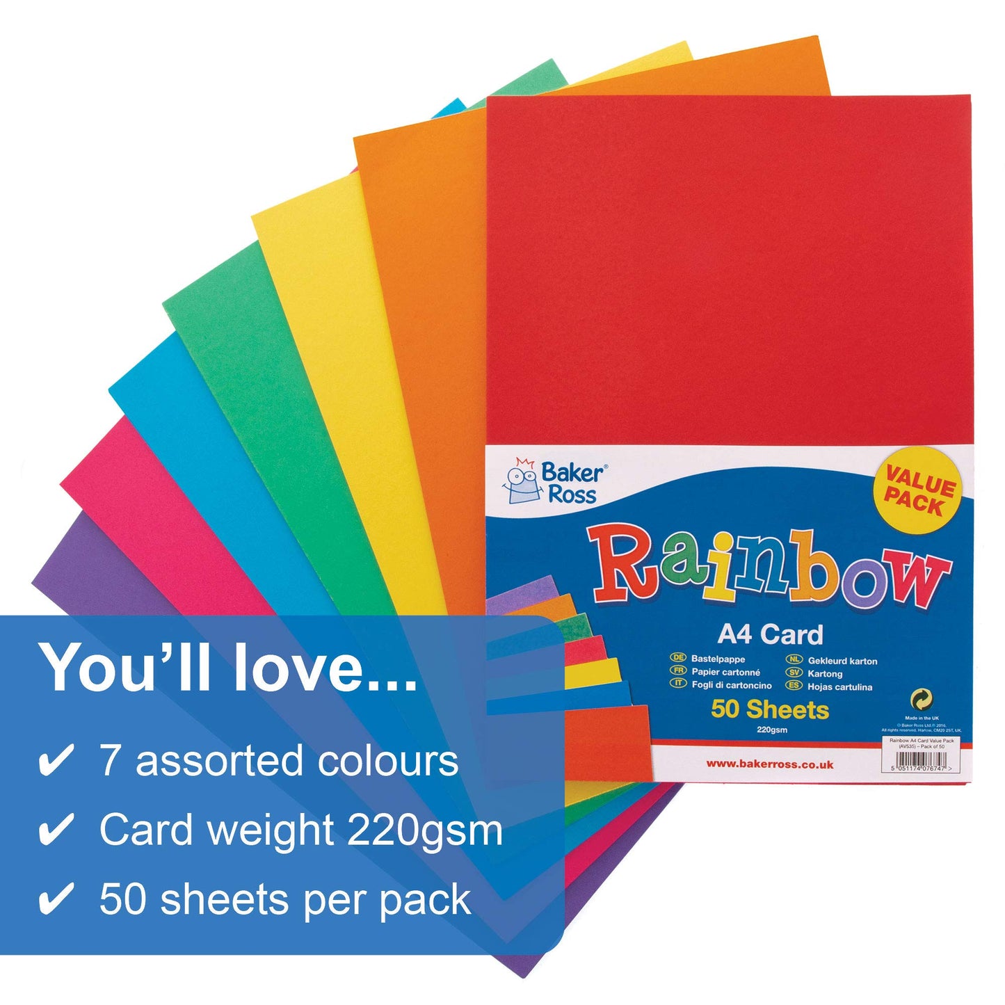 Baker Ross AV535 A4 Rainbow Coloured Card (220gsm), Perfect for Children's Art & Craft Activities, Collages, Model Making and More (Pack of 50), Assorted