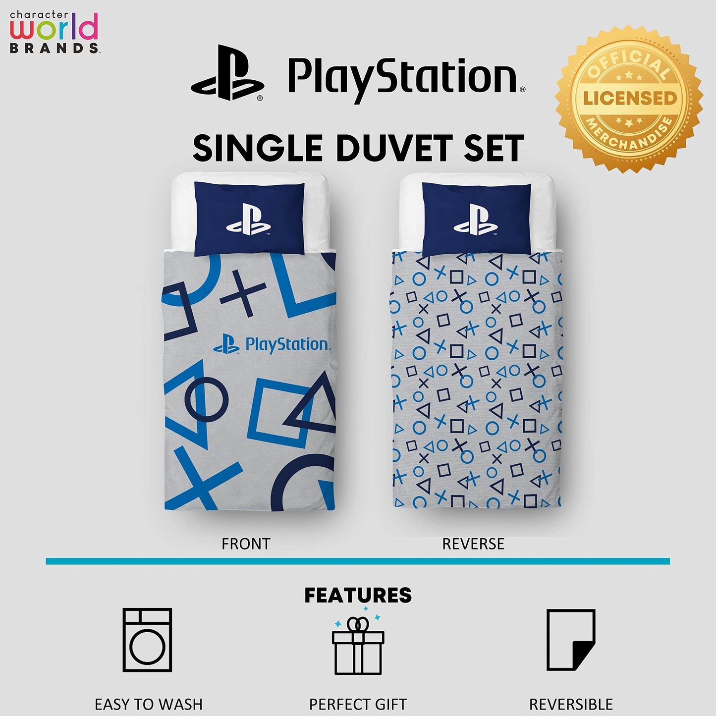 Character World Playstation Blue Single Duvet Cover Officially Licensed Sony Playstation Reversible Two Sided Gaming Bedding Design with Matching Pillowcase, Polycotton, Blue, PYSBLEDS001UK1