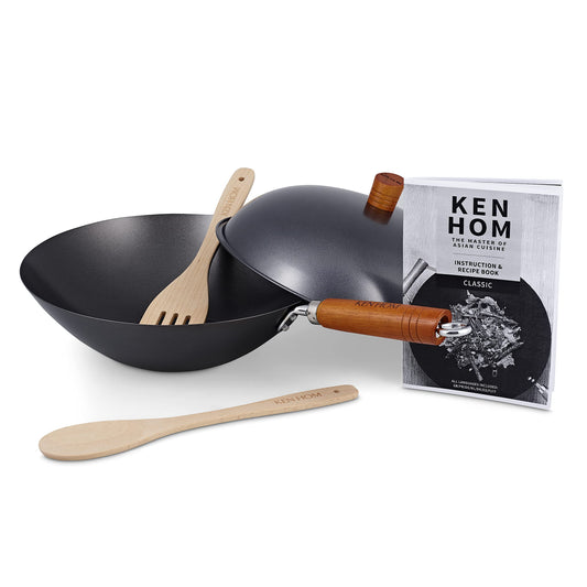 Ken Hom Carbon Steel Wok Set, 31cm, Classic, Non-Induction/Wooden Handle/Flat Base Pan, Includes Wok Pan with Lid, Wooden Wok Utensils and Recipe Book, KH331051 Classic Wok Set