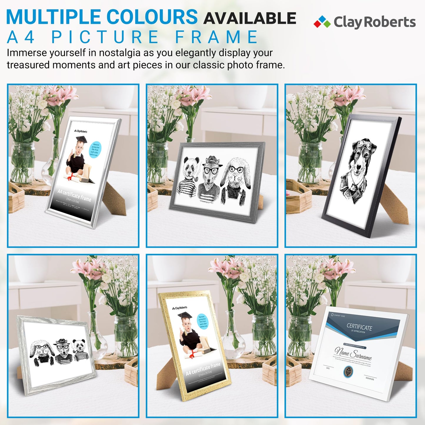 Clay Roberts A4 Frame, Photo Frame, Black A4, Picture Frame, Certificate Frame, Art Print Poster Frame, Freestanding and Wall Mountable, 21cm x 29.7cm Picture Frames Black 1 Pack