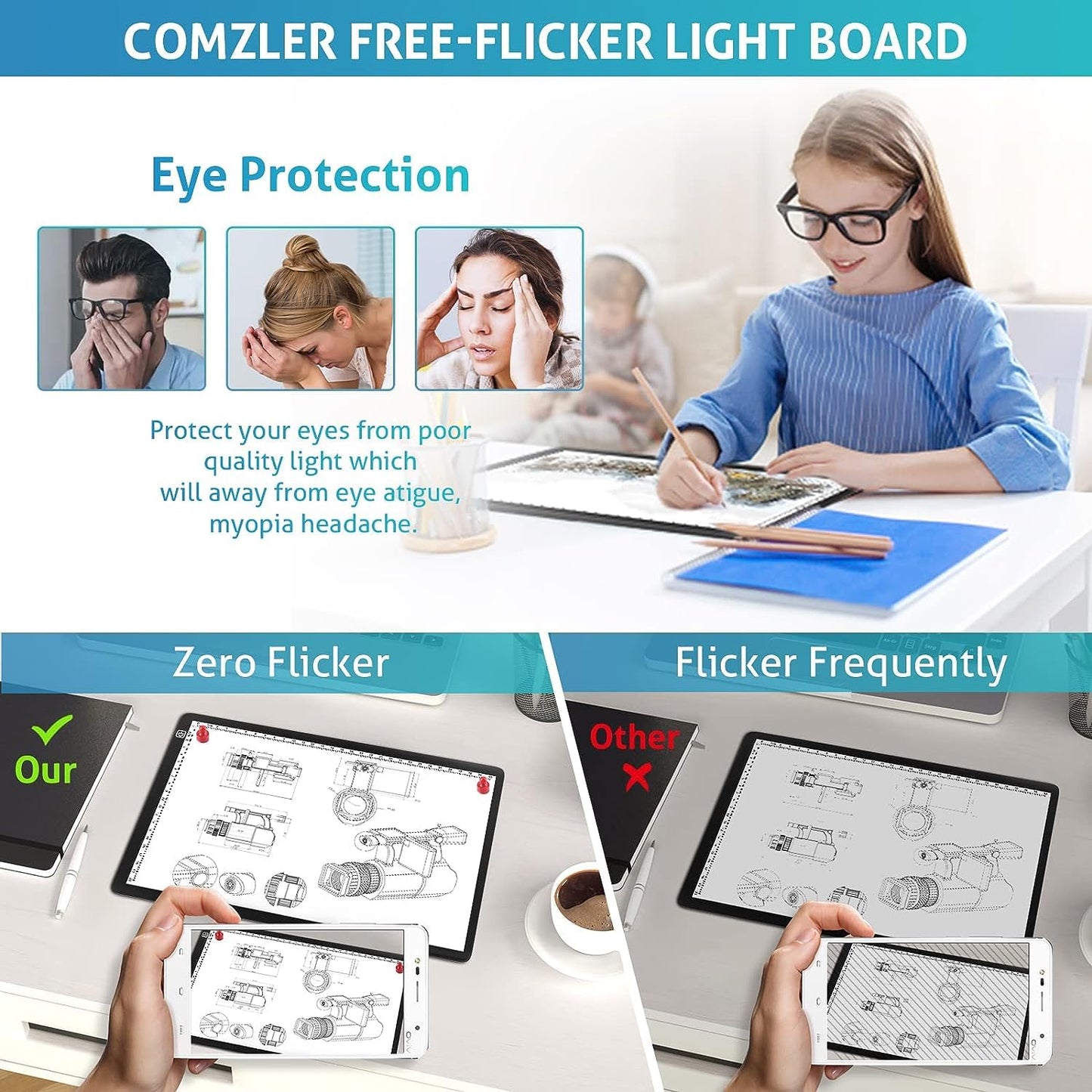 A4 LED Light Box Drawing, Light Pad Copy Board for Tracing Drawing with Free Carry Felt Bag Ultra-Thin Adjustable Brightness Micro USB Powered 1pack