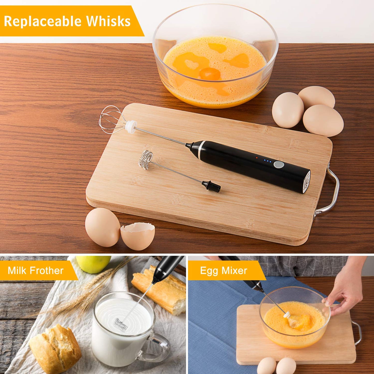 Dallfoll 1 Usb Rechargeable, 3 Gear Adjustable for Latte, Cappuccino, Hot Chocolate, Egg Beating (New Version Black), Wood