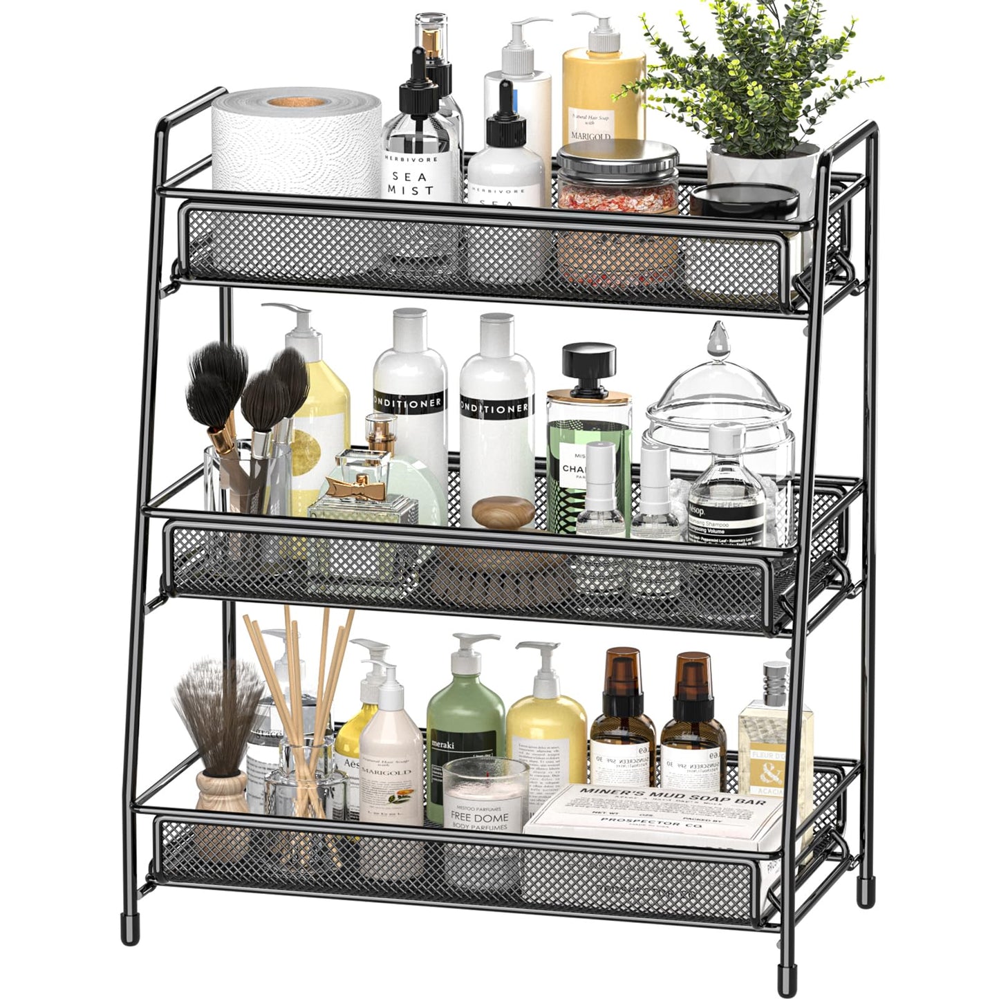 EKNITEY Bathroom Countertop Organiser Rack - 3 Tier Counter Spice Rack Metal Makeup Rack Small Perfume Vanity Organiser for Sink/Bedroom/Living room/Kitchen/Office Black