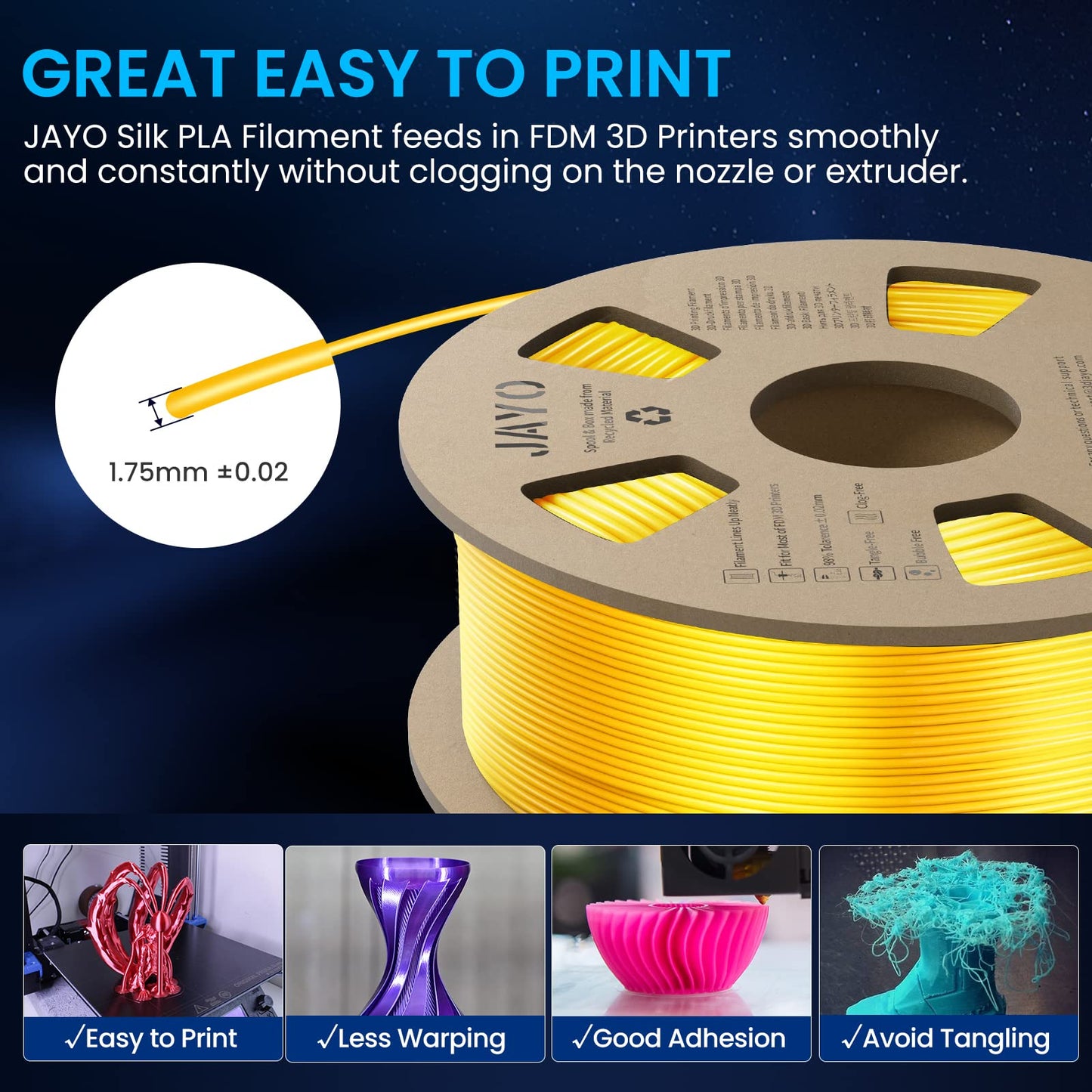 JAYO PLA Silk Filament 1.75mm, Shiny PLA 3D Printer Filament, 1.1kg Spool, Dimensional Accuracy +/- 0.02, Silk PLA Silver 1.1kg Silver