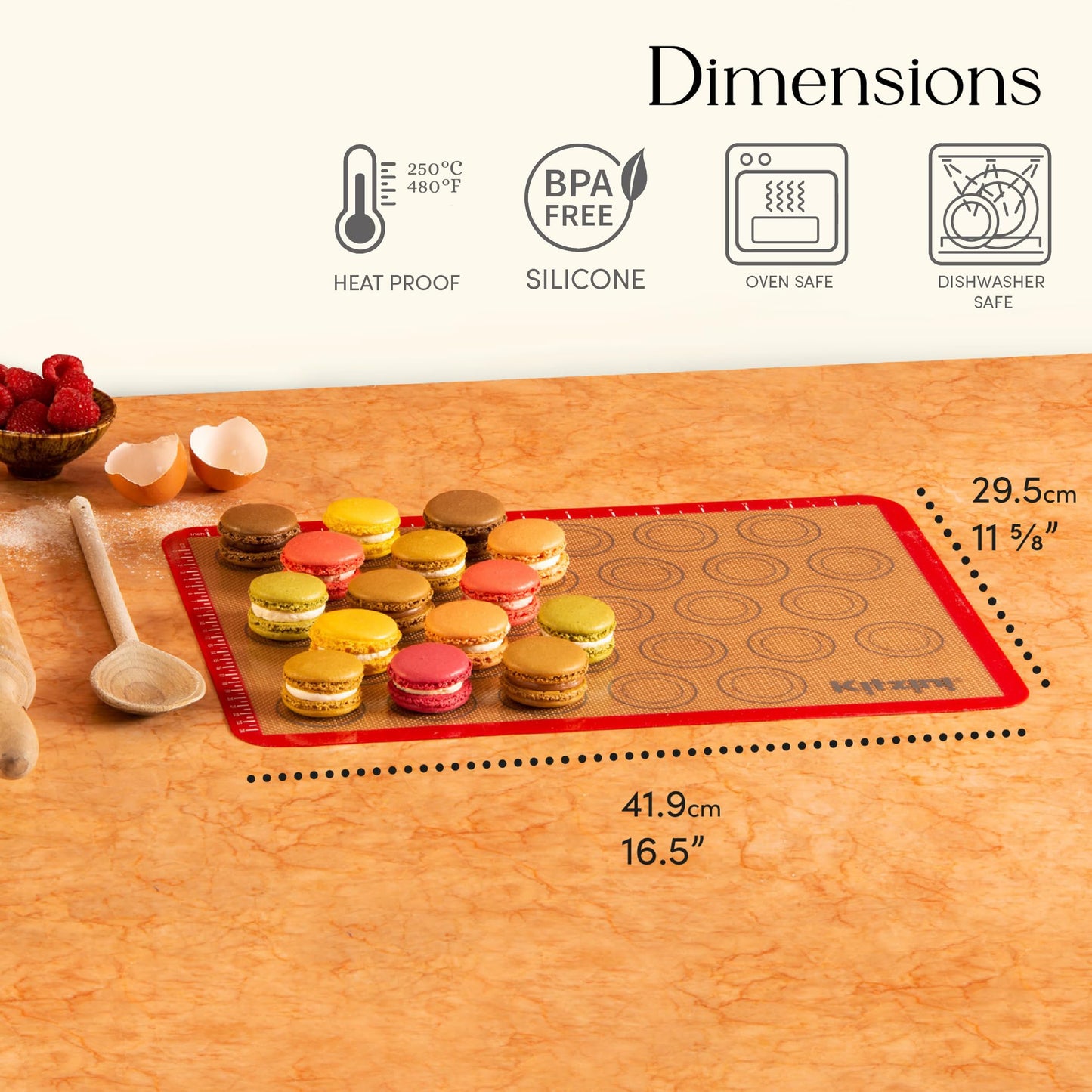 Kitzini Silicone Macaron Baking Mats. Non-Stick Reusable Silicone Mats for Baking. 2 Half Macaron Silicone Baking Sheets. BPA Free Professional Grade Silicon Baking Sheet. Perfect Macaron Silicone Mat Macaron Mats