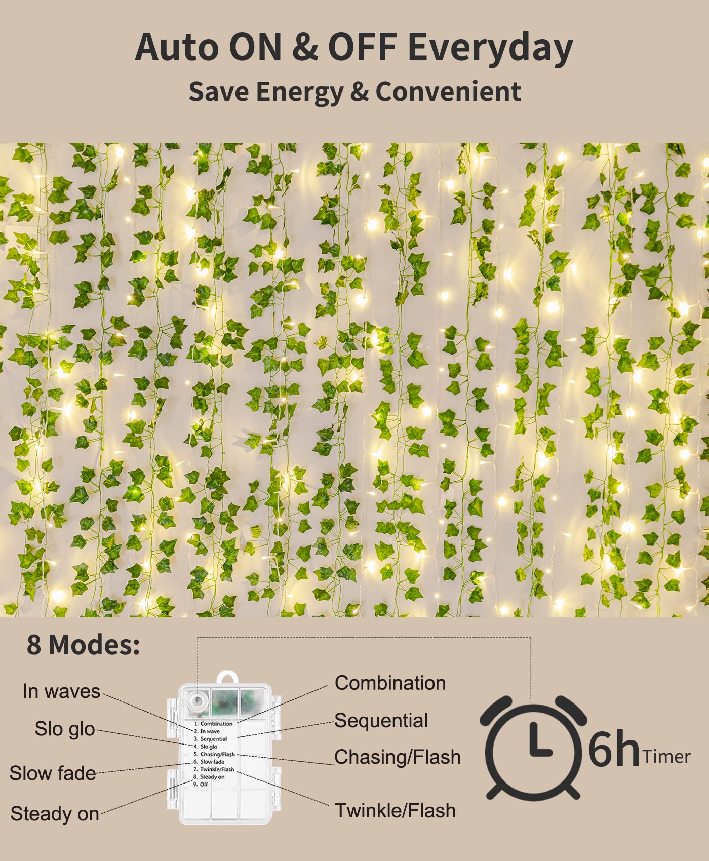 KASZOO 84Ft 12 Pack Artificial Ivy Garland Fake Plants Vine Hanging Garland with 80 LED String Light Hanging for Home Kitchen Garden Office Wedding Wall Decor Green