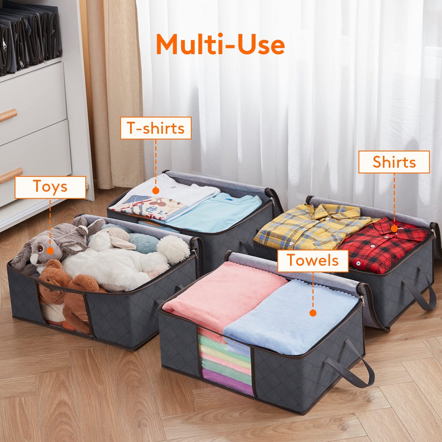 Lifewit 35L 8 Pack Clothes Storage Bag, Foldable Storage Boxes Wardrobe Storage Organiser Moving Bag with Reinforced Handle Sturdy Fabric Clear Window for Towel, Sweater, Bedding, Toys, Grey