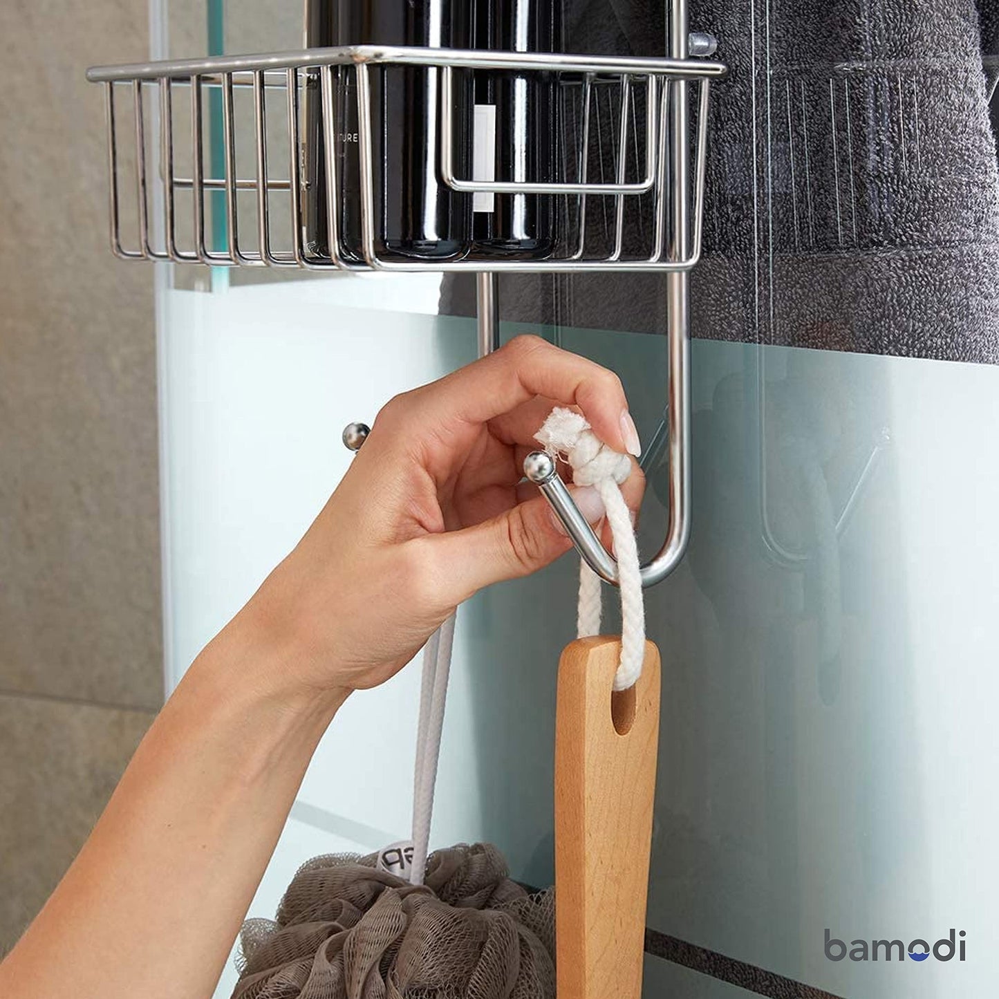 Bamodi Shower Caddy Hanging - 2-Tier Over Door Shower Basket Chrome-Plated - No Drilling Required - Fits Shower Screens up to 2 cm - Hangable Shower Rack with 2 Towel Hooks (70 x 19 x 18.5 cm) Chrome 2 Shelf