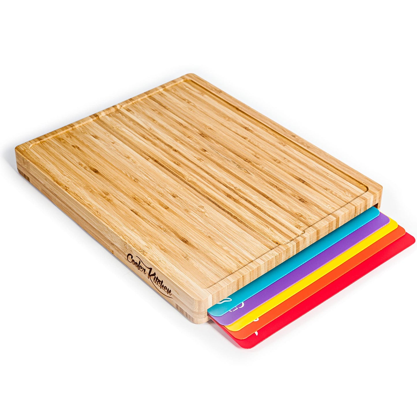 Easy-to-Clean Bamboo Wood Chopping Cutting Board with Set of 6 Color-Coded Flexible Cutting Mats with Food Icons - Chopping Board Set Standard