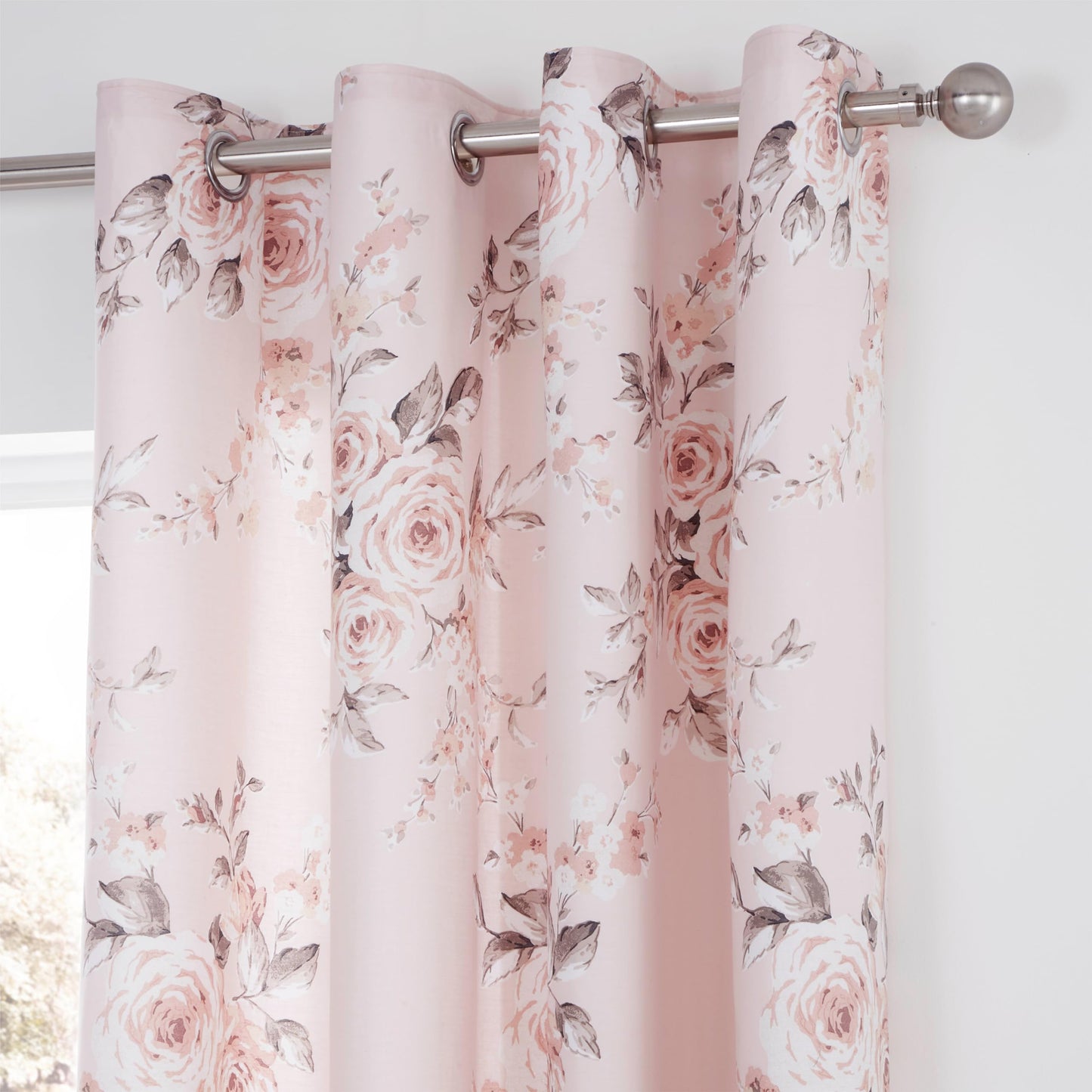 Catherine Lansfield Canterbury Floral 66x72 Inch Lined Eyelet Curtains Two Panels Blush Pink Eyelet Curtains- 66x72 Inch