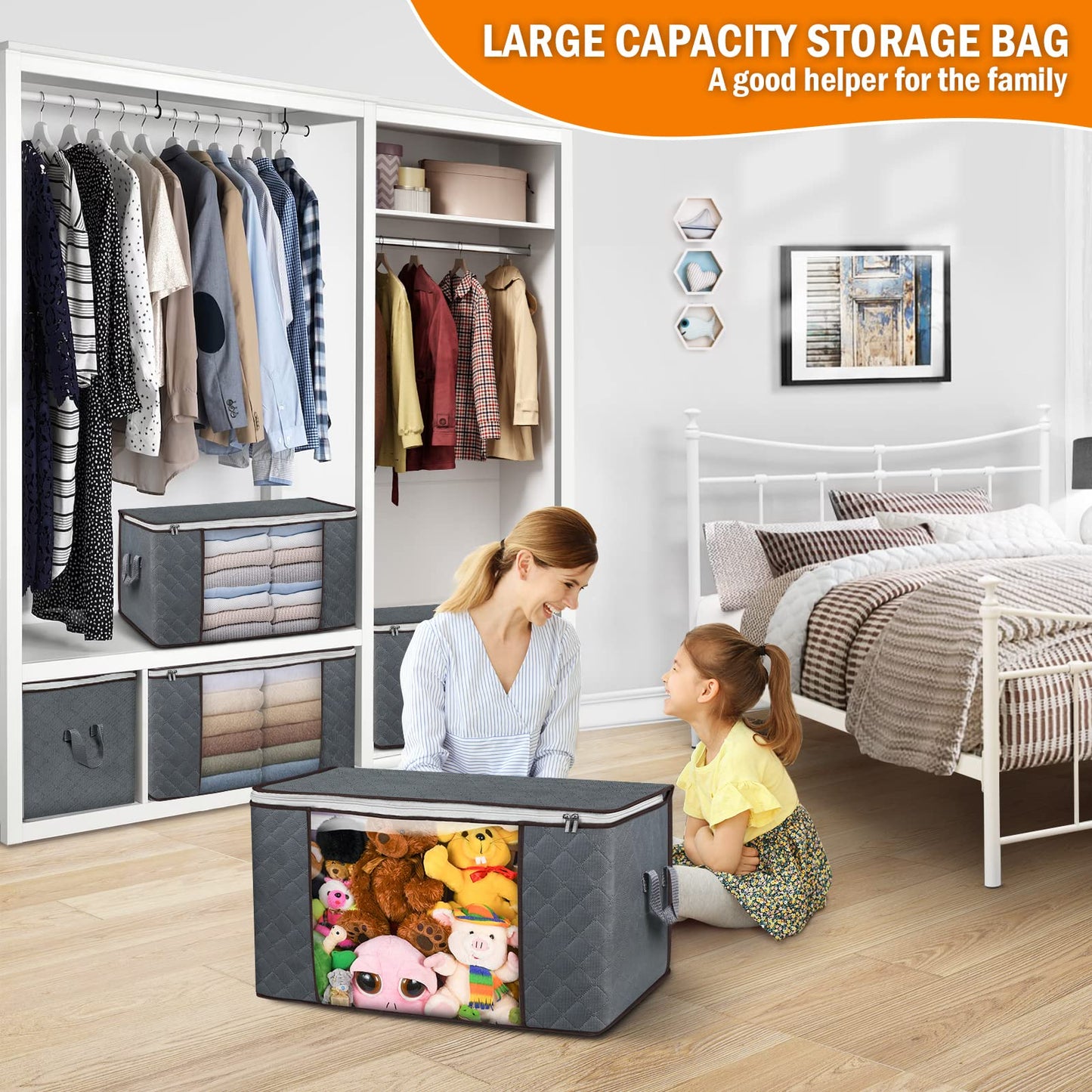 90L Large Clothes Storage Bags, 6 Pack Storage Boxes with Lid Packing Boxes for Moving House with Durable Handles for Clothing, Duvet, Bedding, Pillows (Gray)