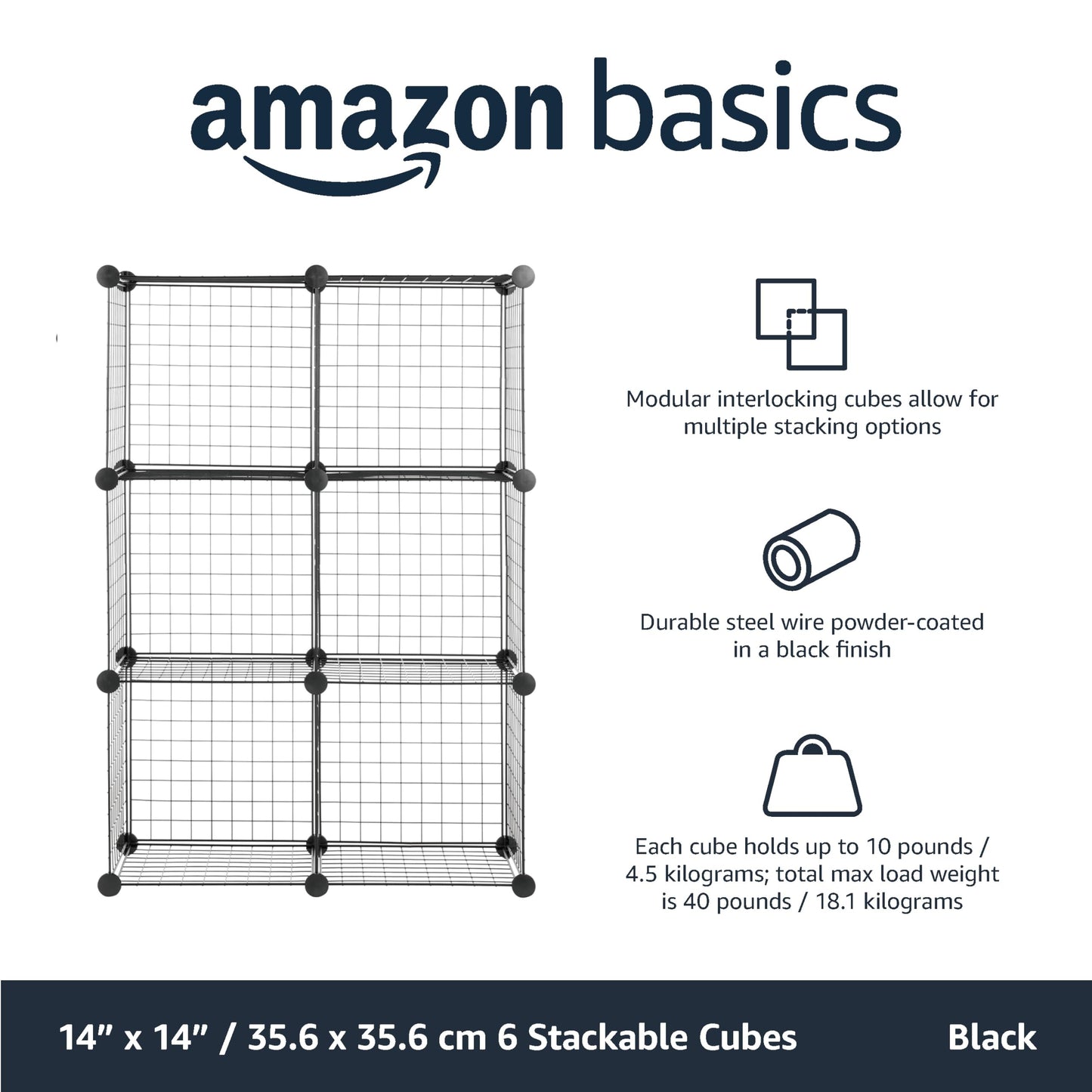 Amazon Basics 6 shelves Cube Interlocking 1 Storage Unit With Metal Wire Mesh, 60 Pounds / 27kg Shelf Maximum Weight Capacity, Black, 37 cm D x 77 cm W x 114 cm H Six Cube