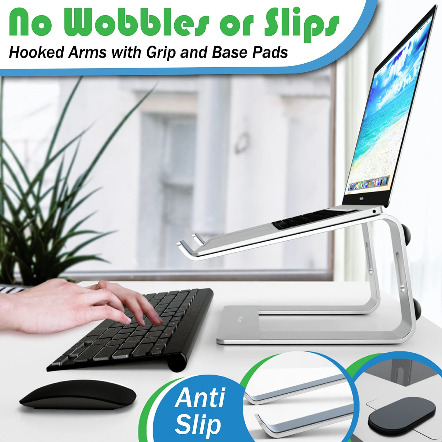 Laptop Stand for Desk, Computer Stand for Laptop, Laptop Riser - Apple Macbook Stand, Dell, HP, Macbook Pro Air - Grip Pads and Cable Management - Fits all 10-17inch Laptops - Silver