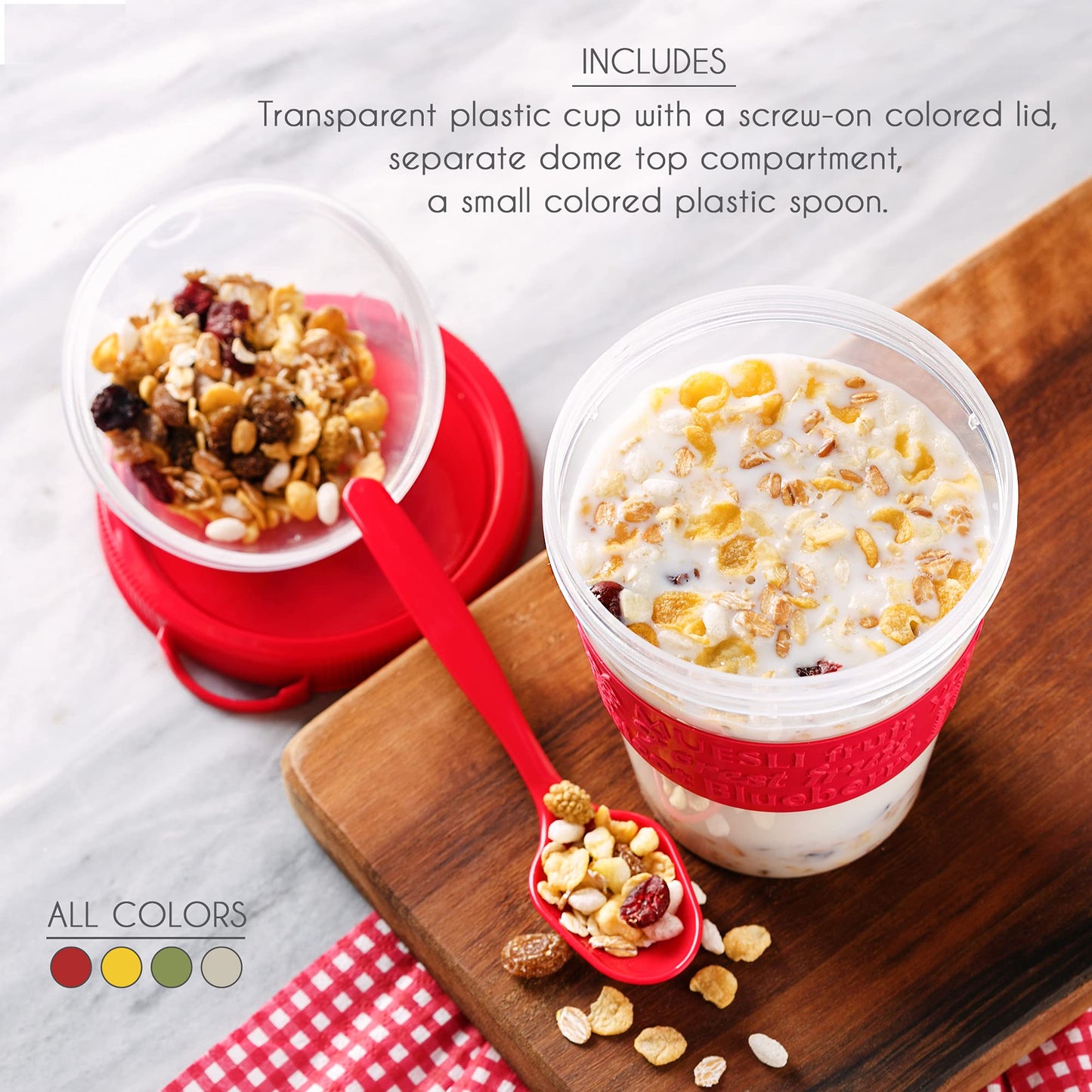 CRYSTALIA Reusable Oats Container with Lids 4PCs BPA Free Breakfast Pots to Go Dishwasher Safe Yoghurt Pots Cereal On The Go Overnight Oats Jars Oatmeal Container Yogurt Pot Set of 4 (Red, Cream, Green, Yellow )