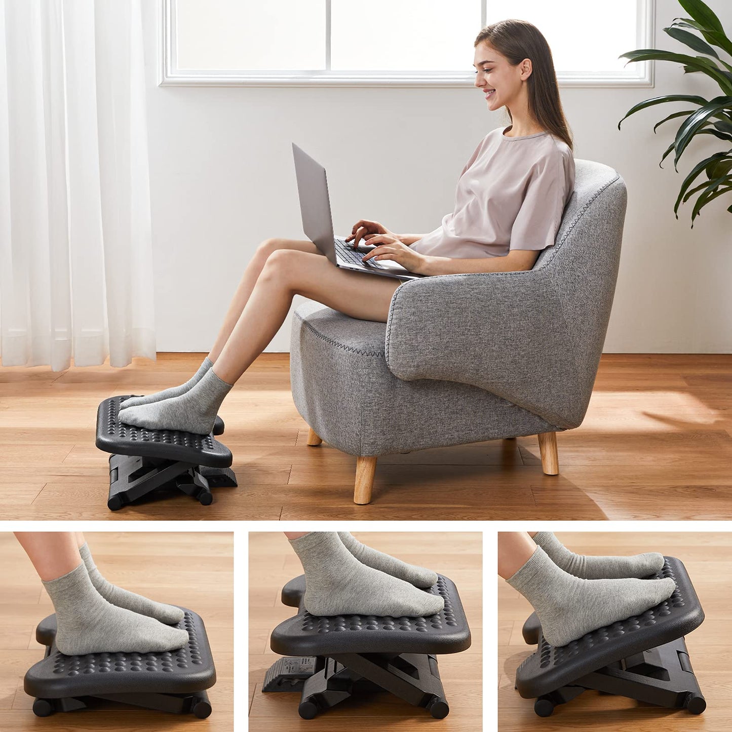 HUANUO Adjustable Under Desk Footrest, Foot Rest for Under Desk at Work with Massage, Foot Stool Under Desk with 3 Height Position & 30 Degree Tilt Angle Adjustment for Home, Office