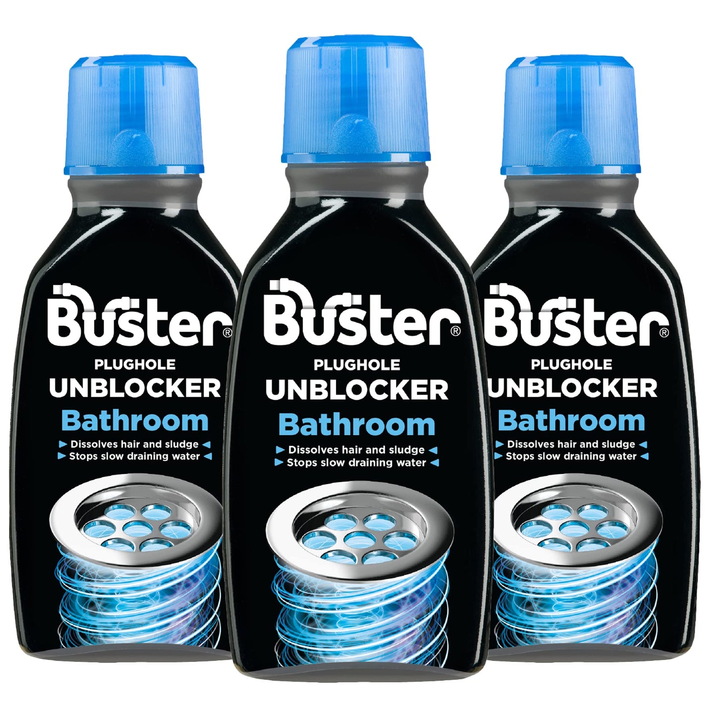 Buster Bathroom Sink Unblocker, 300ml, Pack of 3, Unblock Hair & Sludge from Showers, Baths & Sinks – Fast-Acting Plughole Unclogger, Clears Blockages & Slow-Draining Water