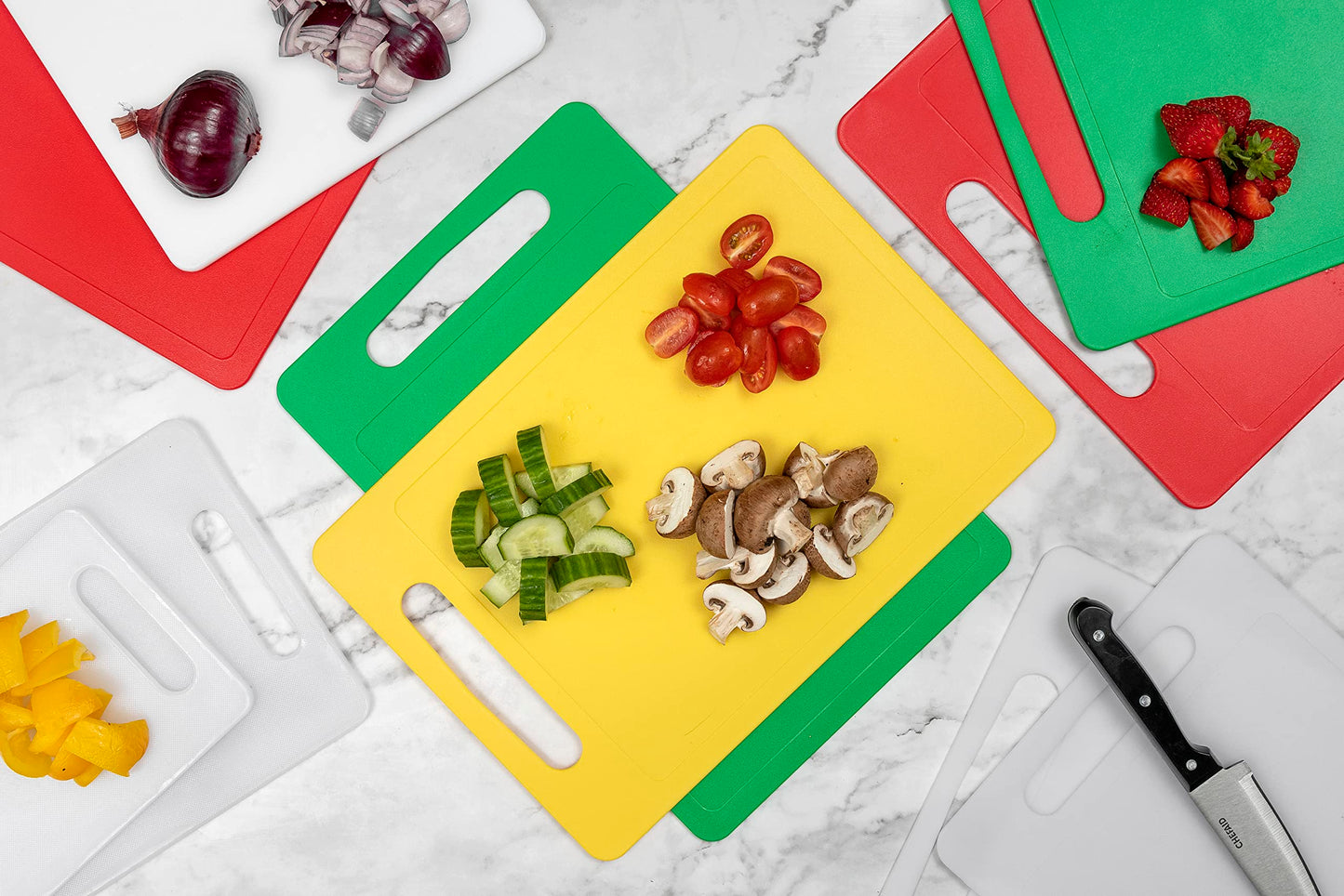 Chef Aid Large Multi-Colour Chopping Board Set, Multipurpose Anti-Slip Surface, Easy to Clean and Dishwasher Safe with Handle, Pack of 4 Cutting Boards Each Measuring 40 x 30cm Multi-pack L