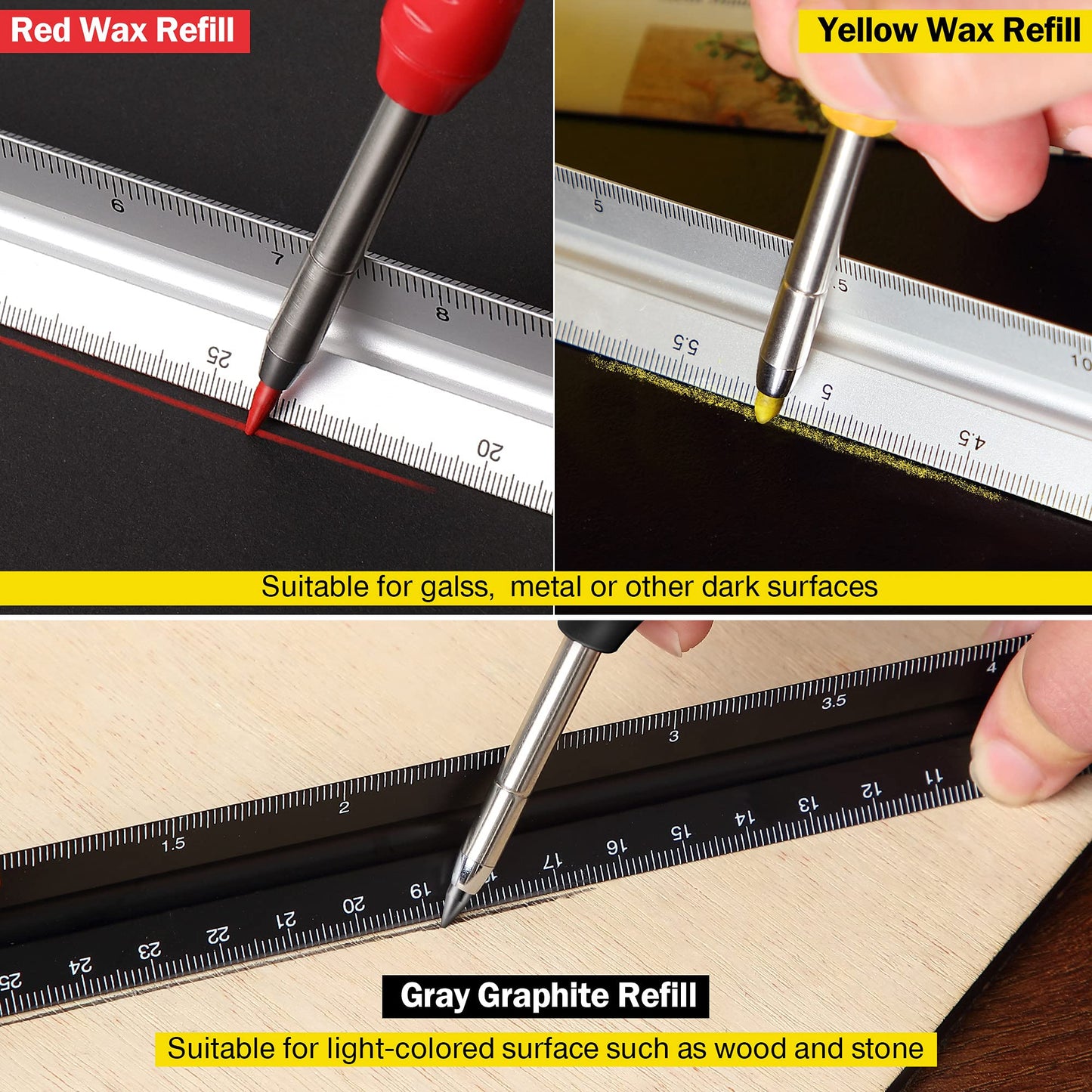 Hiboom 3 Pack Solid Carpenter Pencil with 21 Refill, Long Nosed Deep Hole Mechanical Pencil Marker with Built in Sharpener for Carpenter, Design Patent Yellow, Red, Black Cover