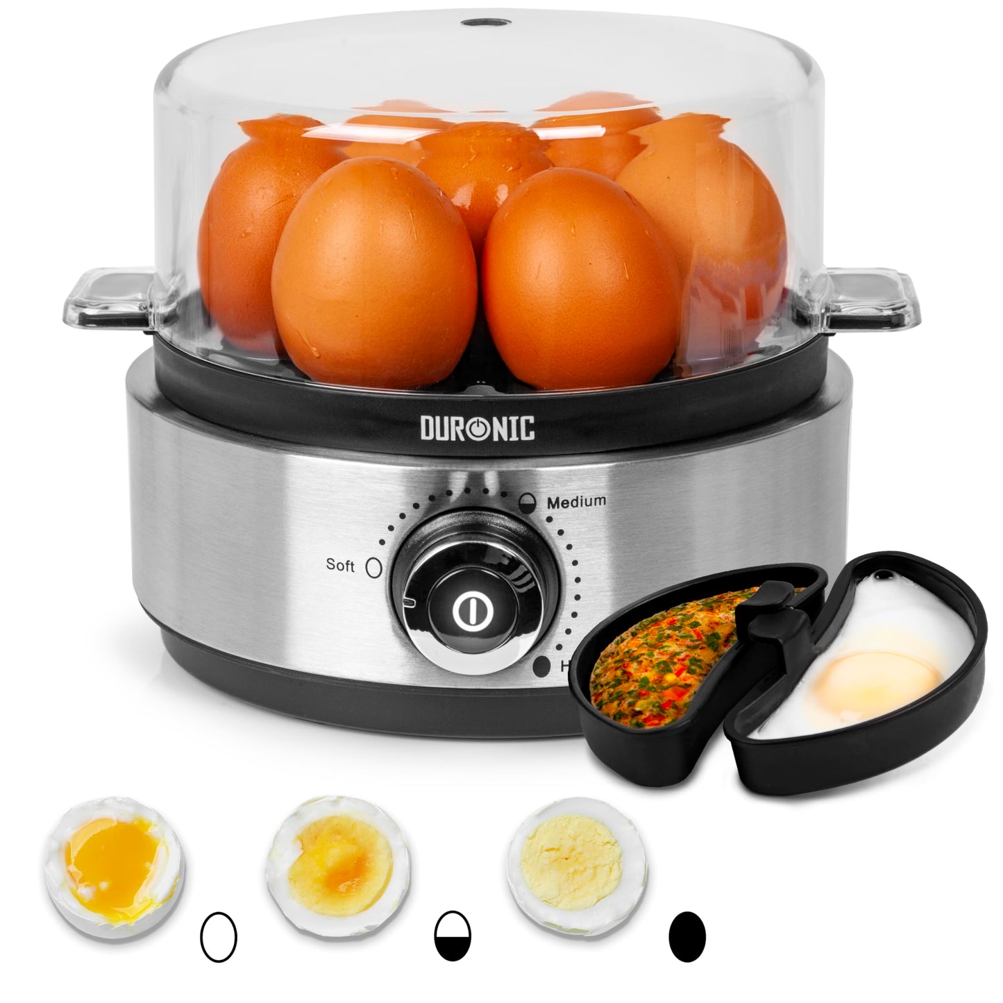 Duronic 7 Egg Boiler EB40, Egg Cooker with Buzzer, Egg Steamer makes Soft | Medium | Hard Boiled Eggs Alarm Timer Settings, Includes Egg Piercer & Measuring Water Cup, 400W Stainless Steel 7 Egg Boiler