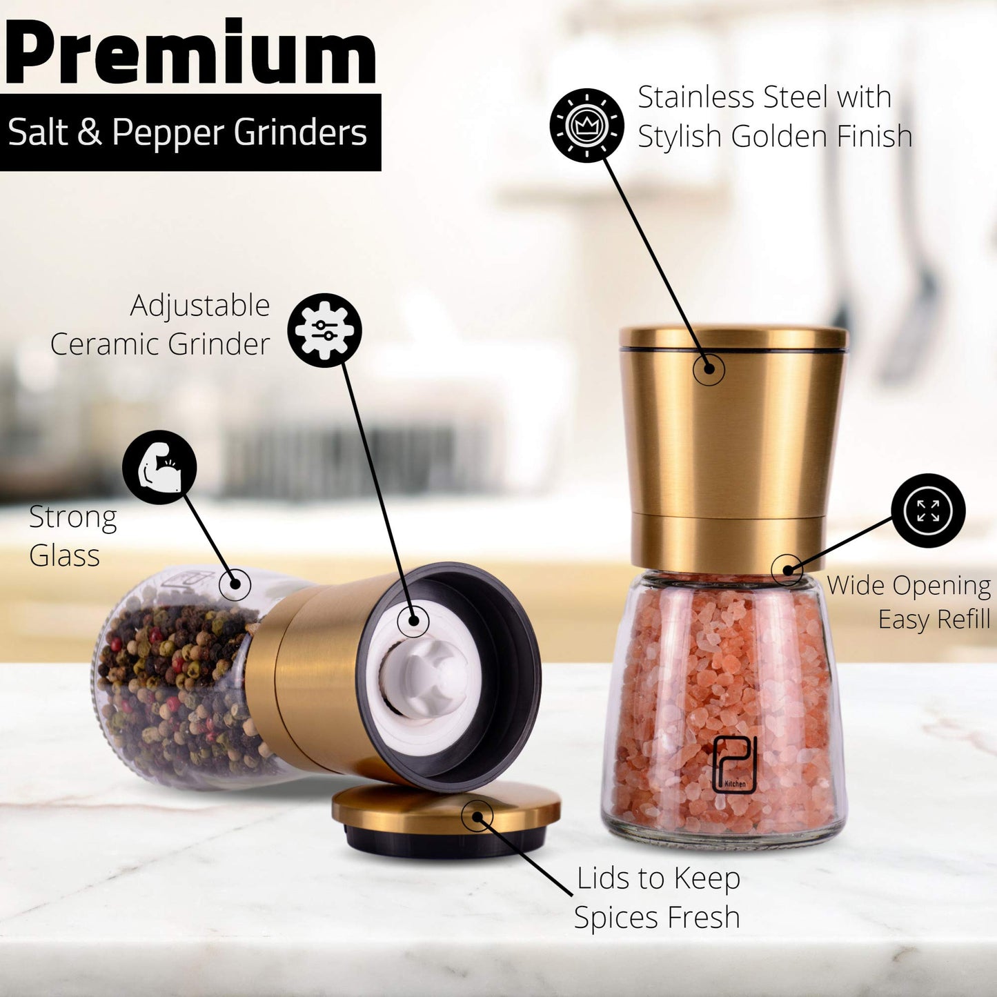 Gold Salt and Pepper Grinder Set - Golden Salt and Pepper Shaker Mill - Brass Pepper Grinders Refillable - Adjustable Coarseness - Sea Salt, Black Peppercorn